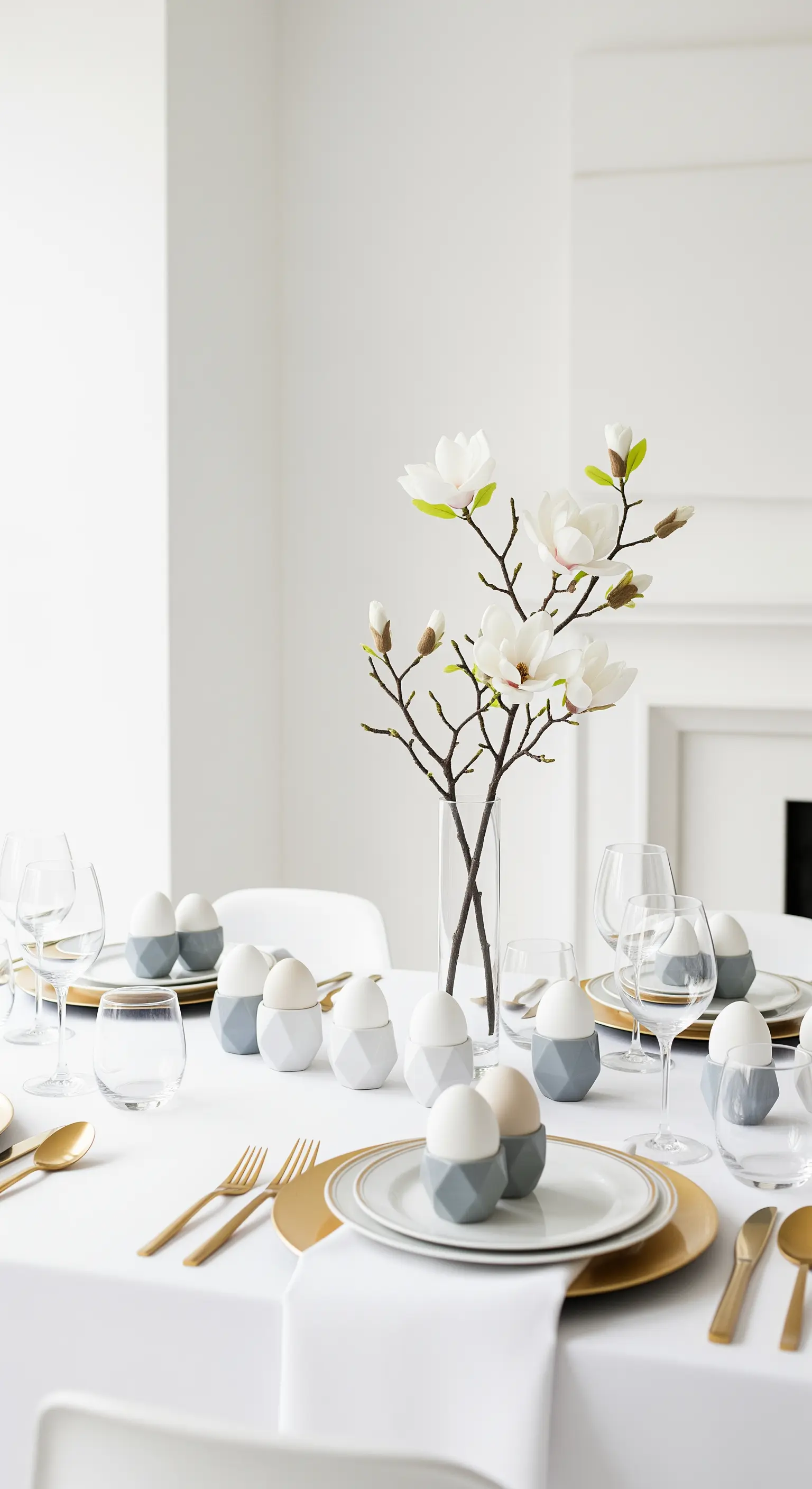 Minimalistische Ostertafel mit Magnolienblüten und geometrischen Eierbechern in Grau