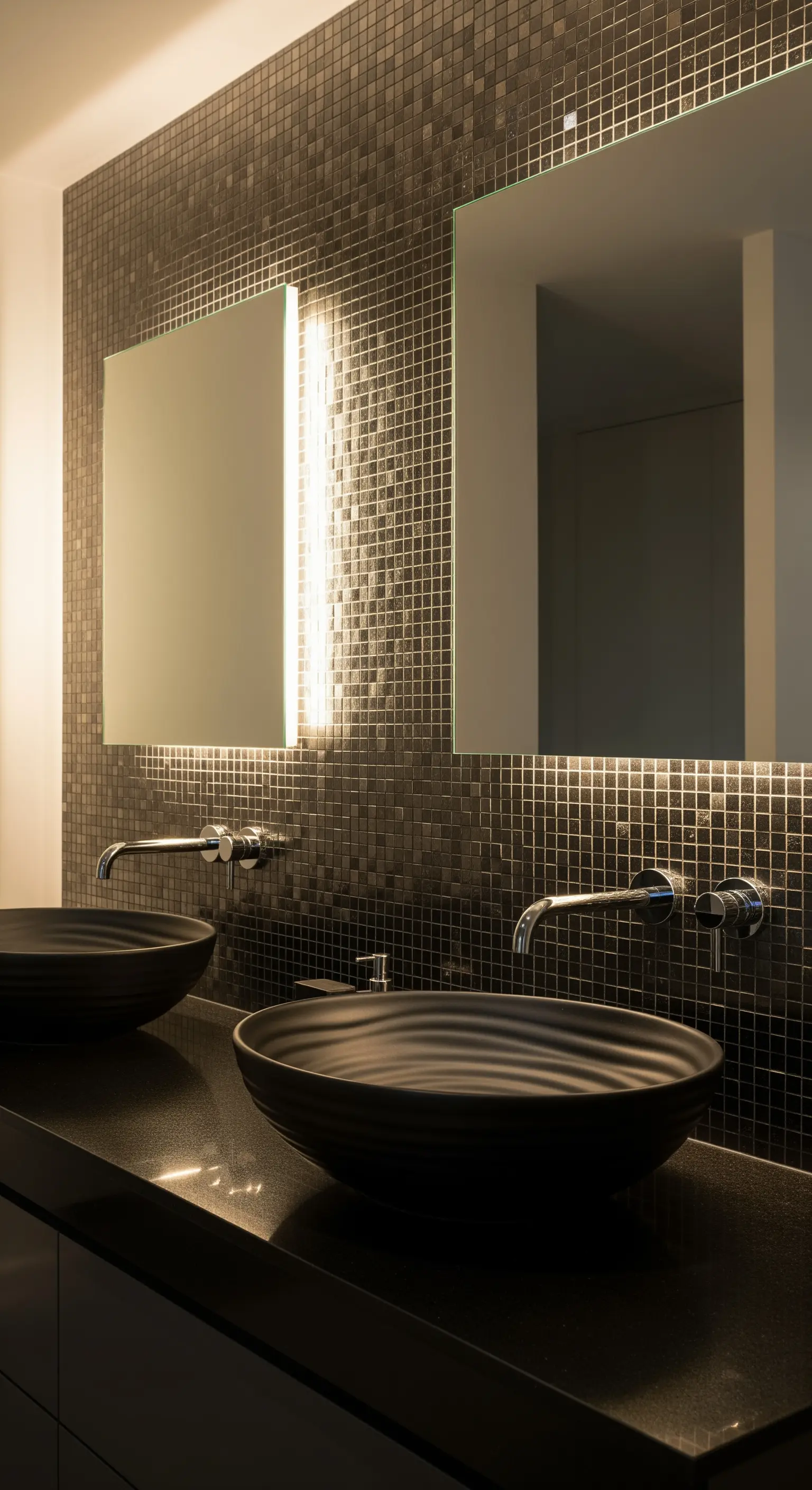 Dunkles Mosaikbad, Doppelwaschtisch mit schwarzen Schalenbecken, beleuchtete Spiegel
