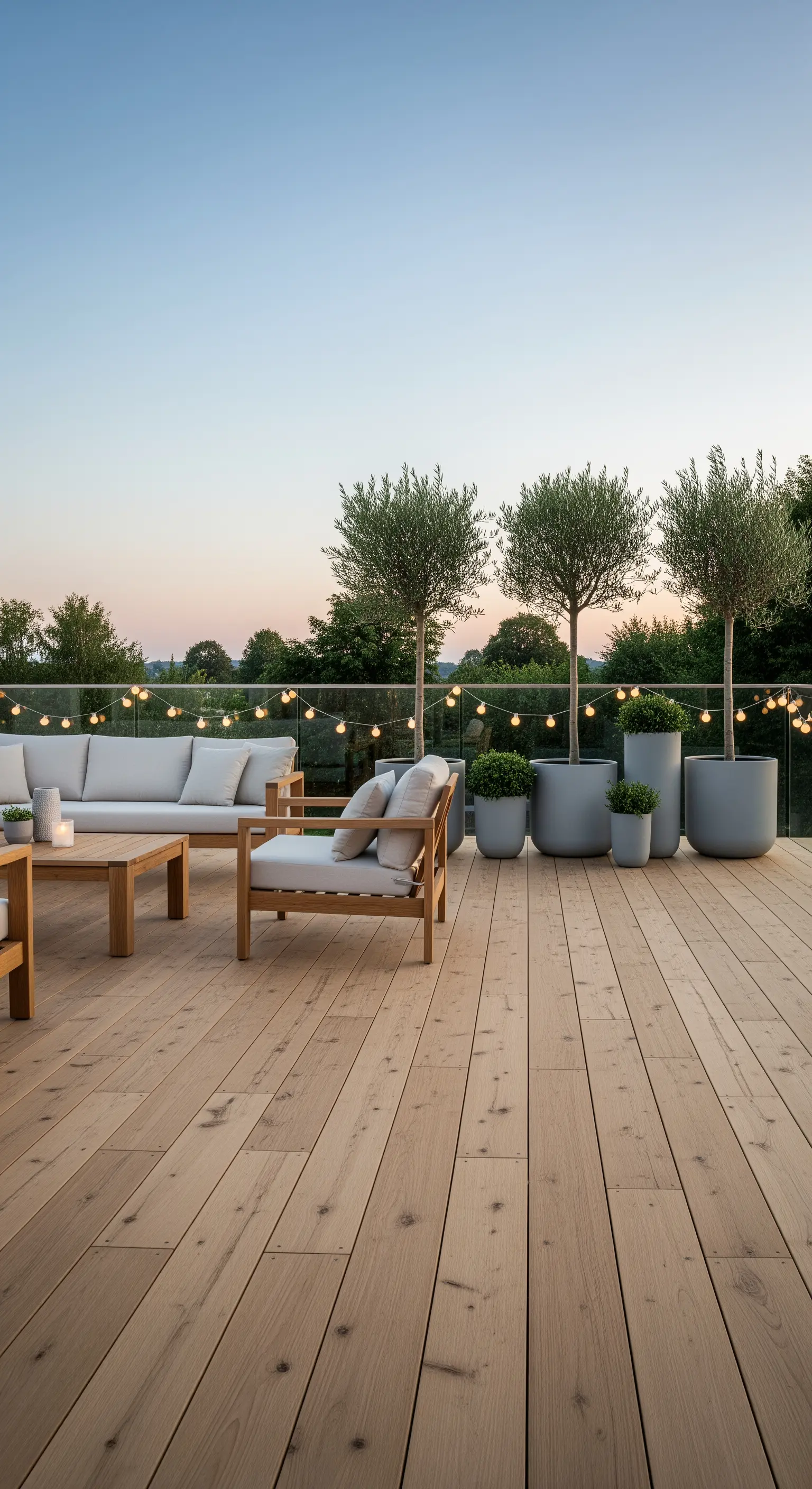 Moderne Terrasse mit Holzlounge, Olivenbäumen in grauen Töpfen und Lichterketten