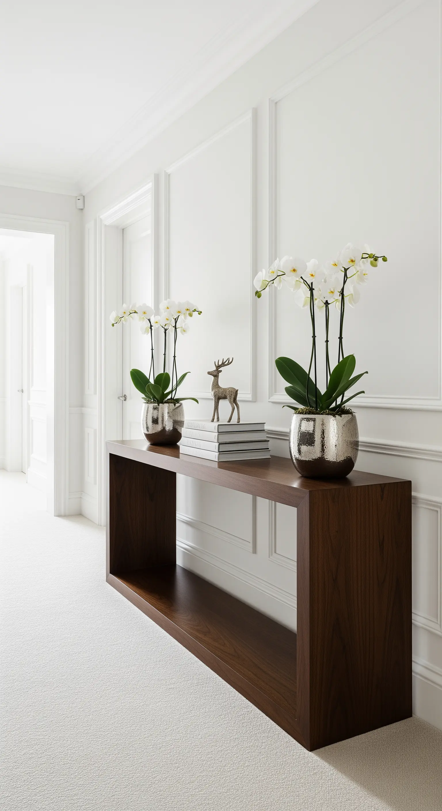 Dunkler Konsolentisch mit Orchideen, Büchern und Hirsch-Deko.