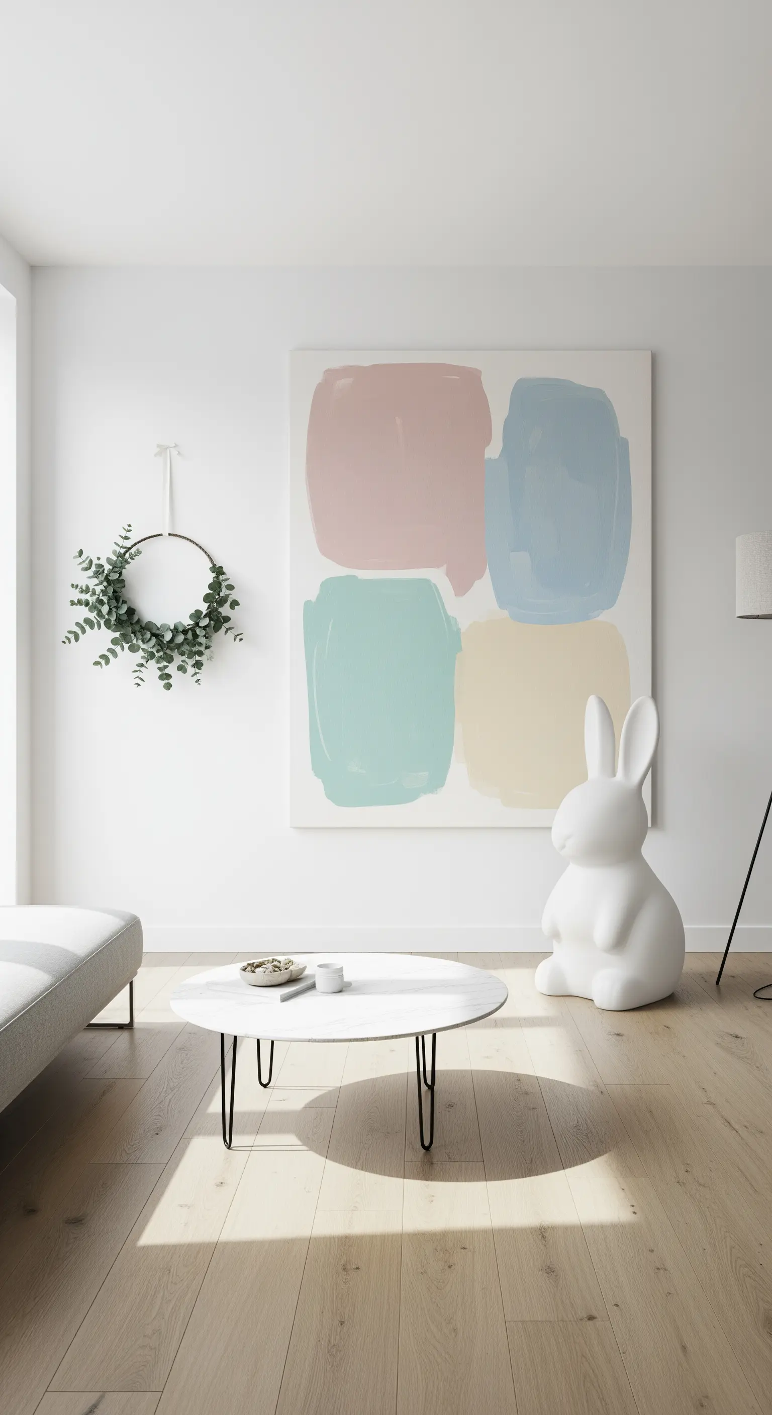 Minimalistisches Wohnzimmer mit Pastellbild, weißem Hasen und Eukalyptuskranz.