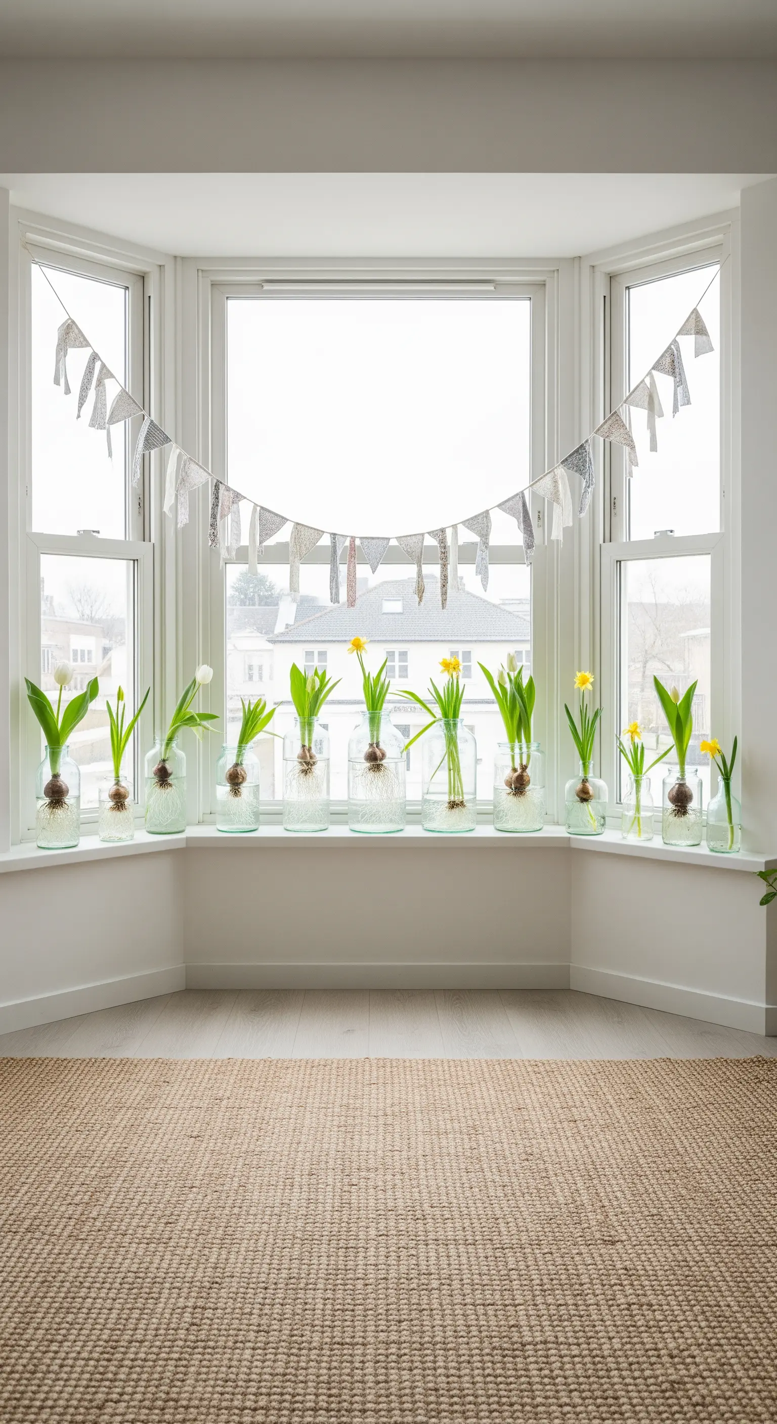 Fensterbank mit Frühblühern in Glasflaschen und Stoffwimpelkette
