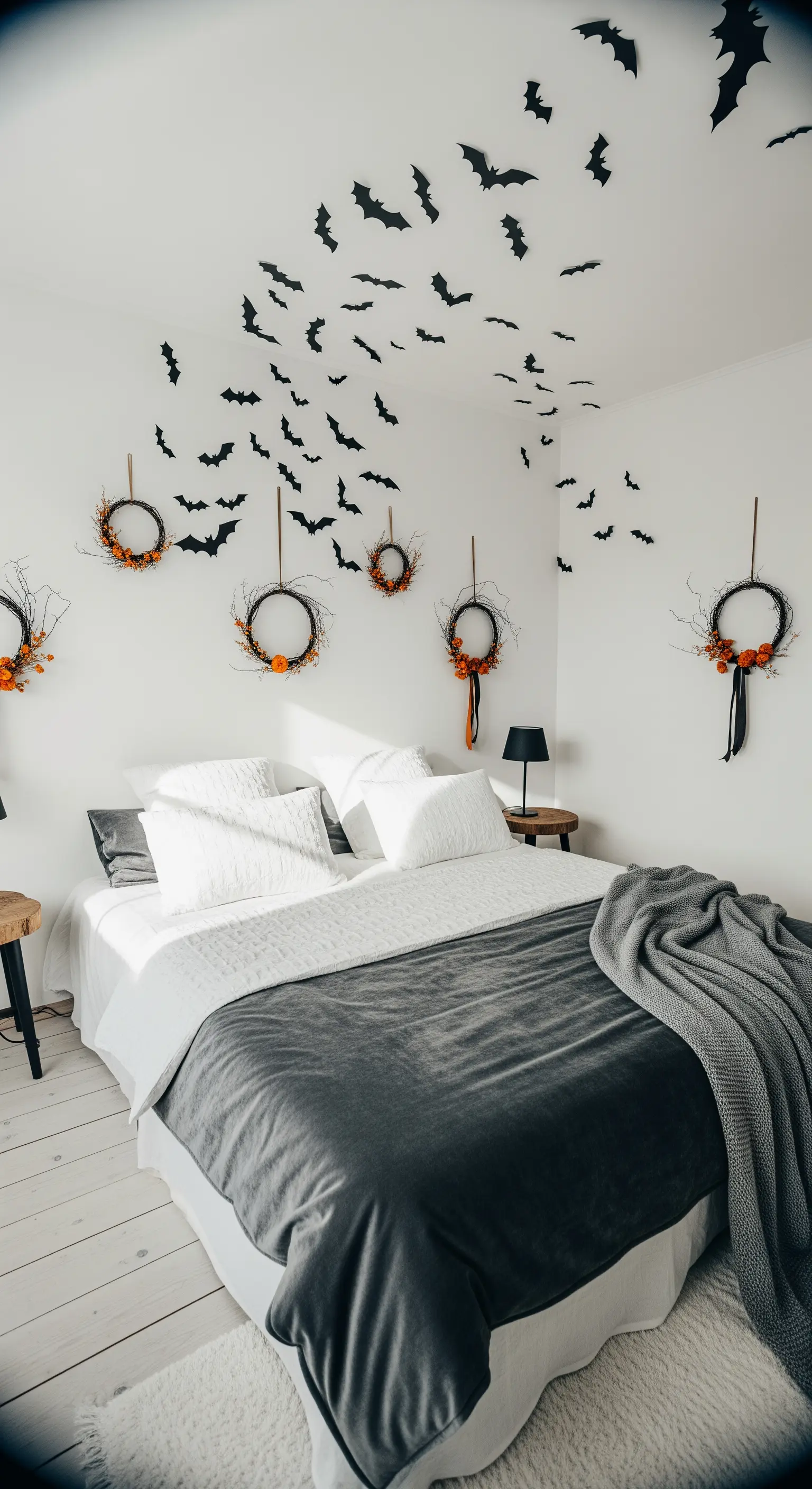 Weißes Schlafzimmer mit schwarzen Papierfledermäusen an Wand und Decke, schlichte Kränze
