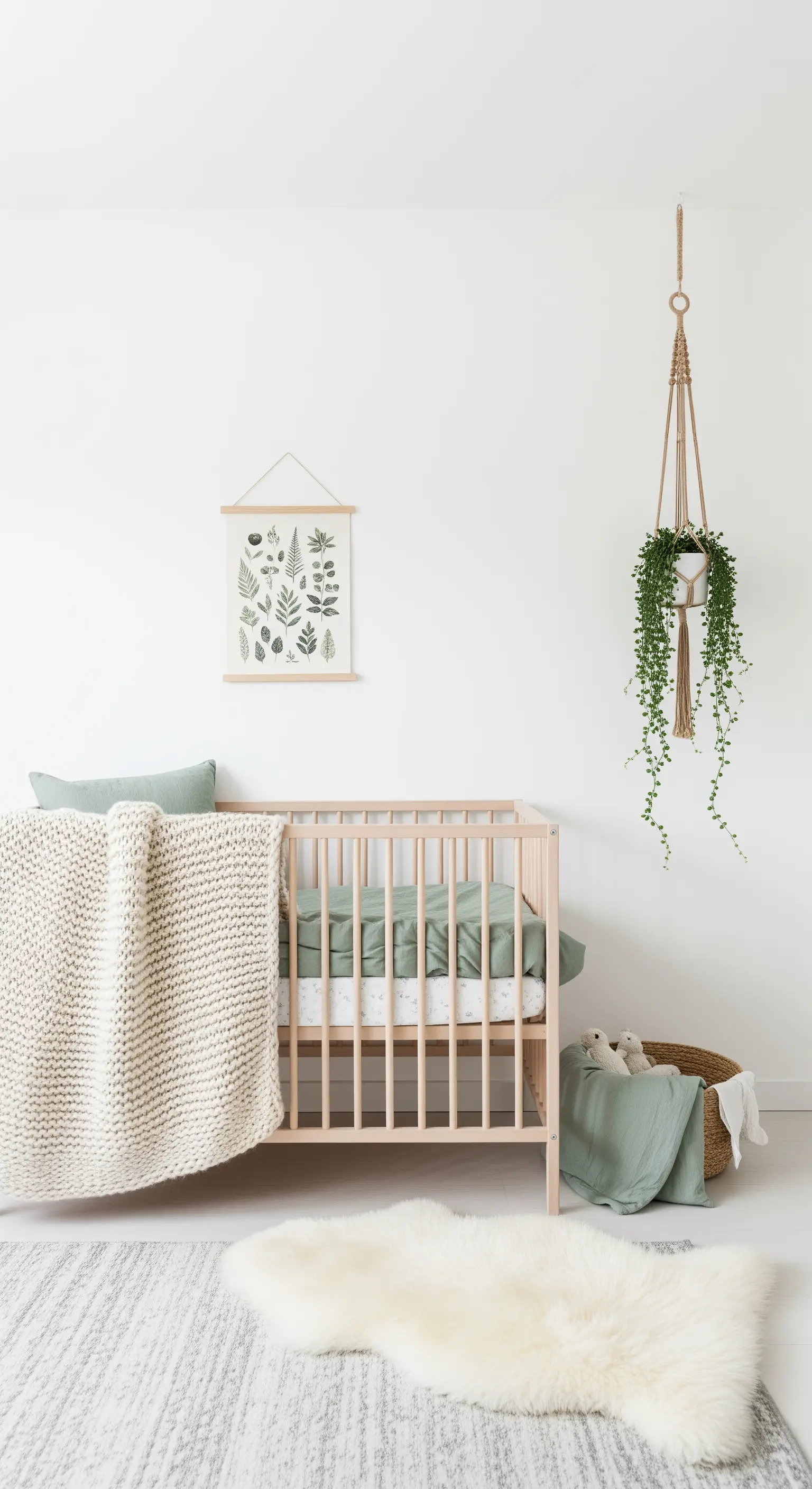 Minimalistisches Babyzimmer mit salbeigrüner Bettwäsche und einer Hängepflanze.