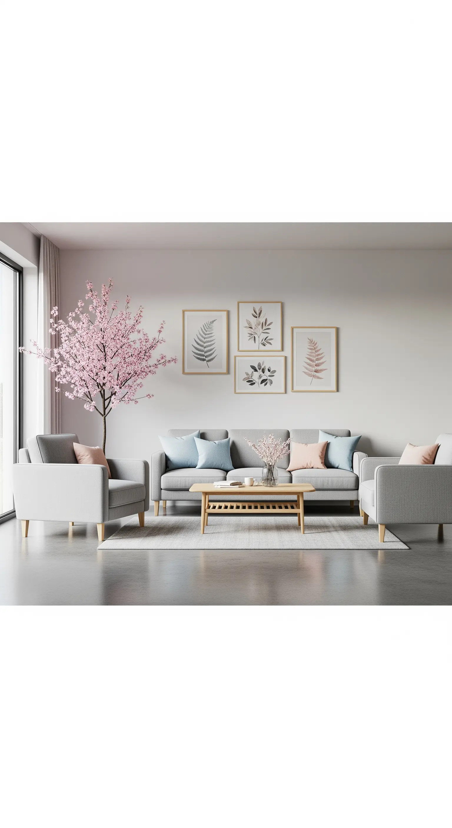 Wohnzimmer mit botanischen Bildern, rosa Kirschblütenbaum, graues Sofa