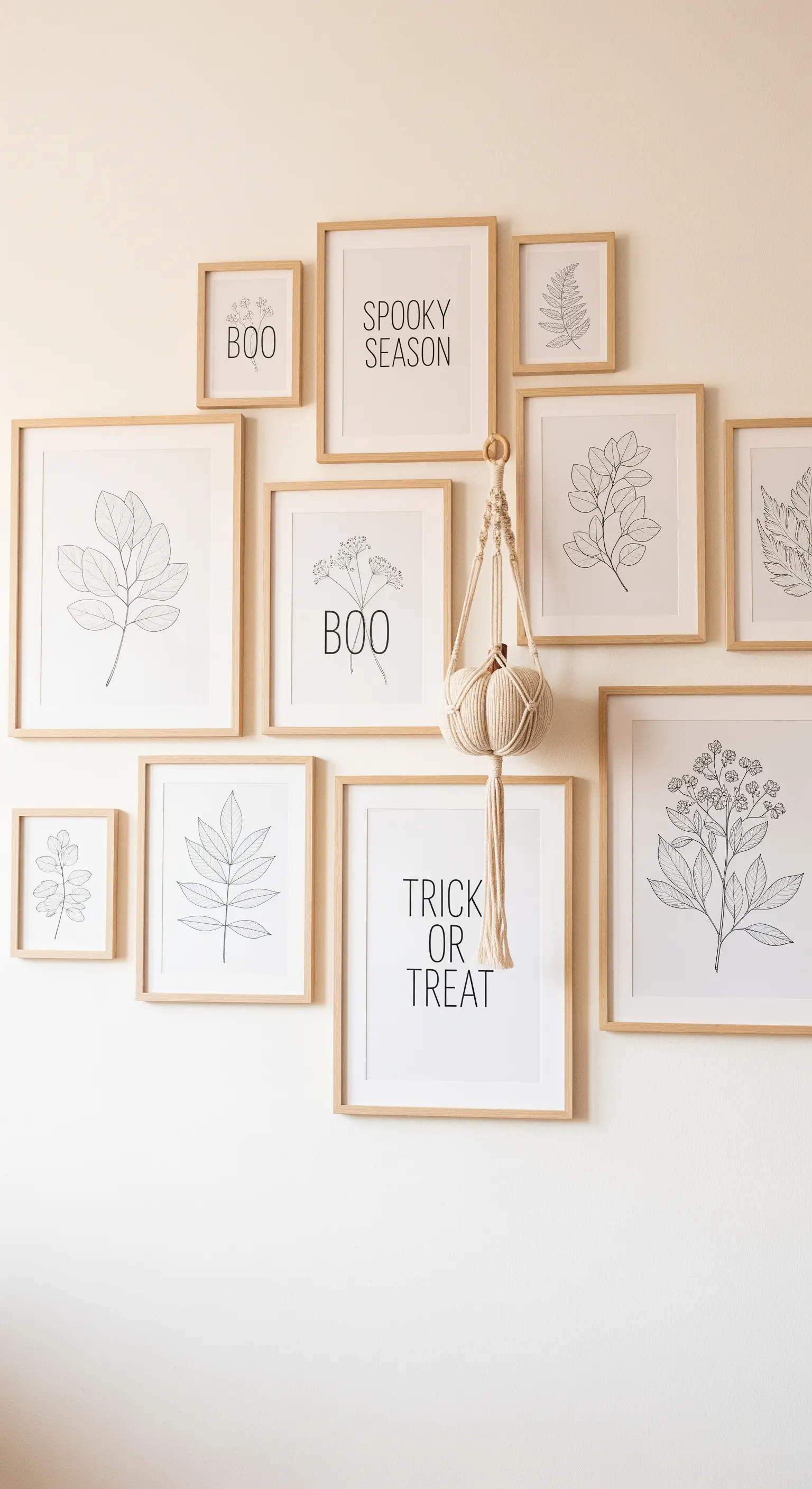 Galeriewand mit botanischen Drucken, Text-Art und Makramee-Kürbis-Hänger.