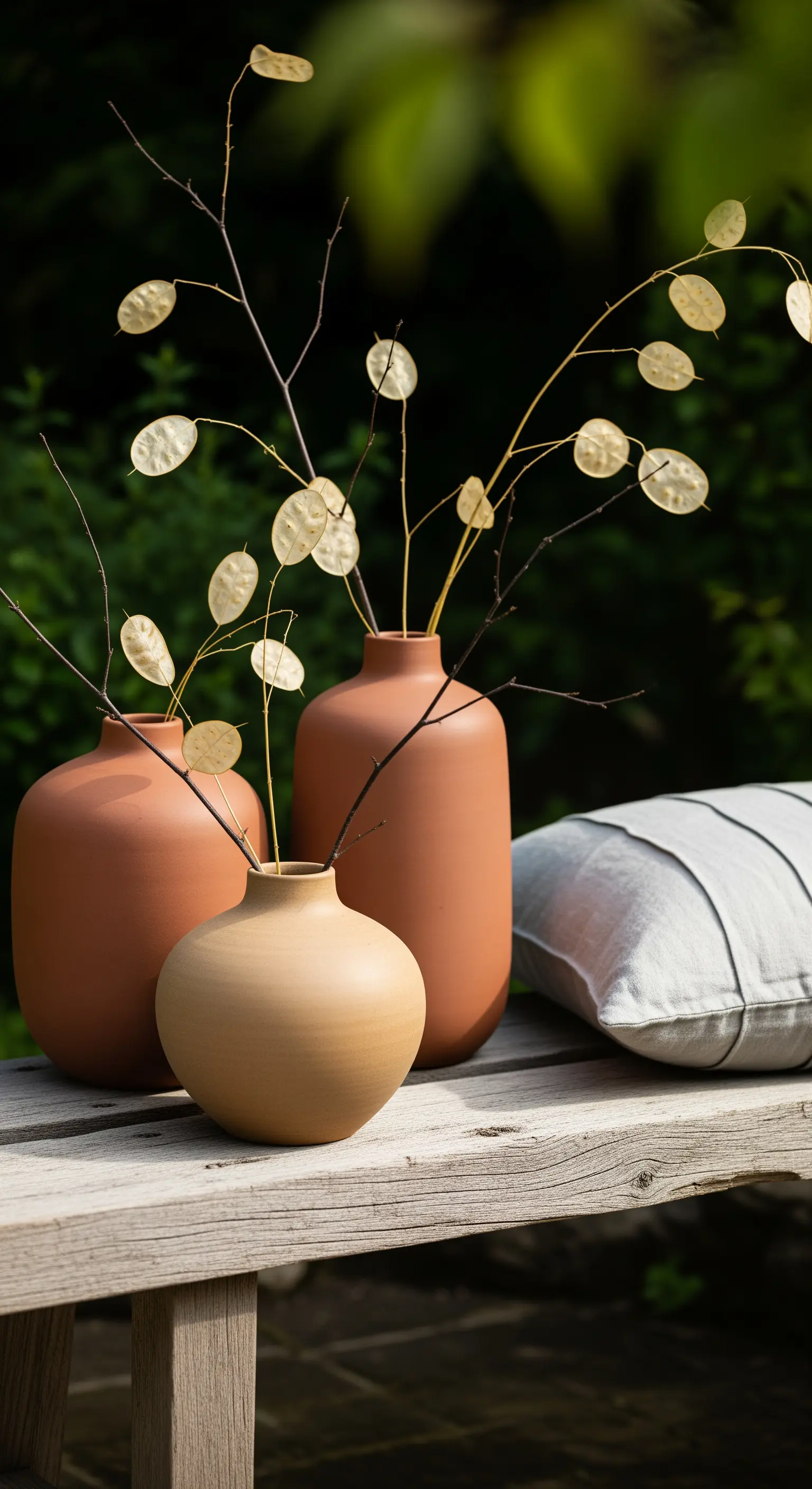 Keramikvasen mit Trockenblumen und Leinenkissen auf Holzbank