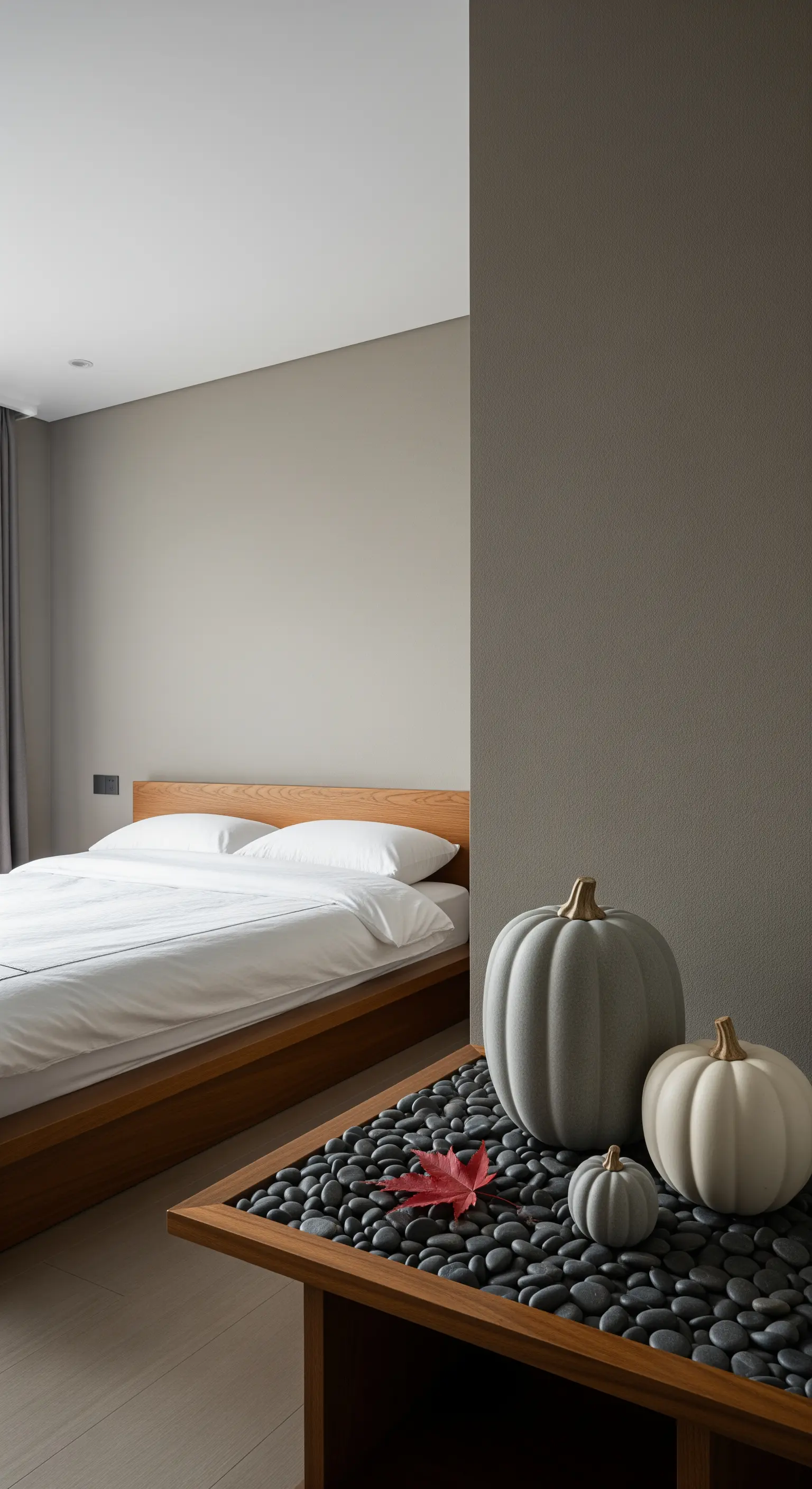 Graue und weiße Kürbisse auf Kieselsteinen mit Ahornblatt in minimalistischem Schlafzimmer