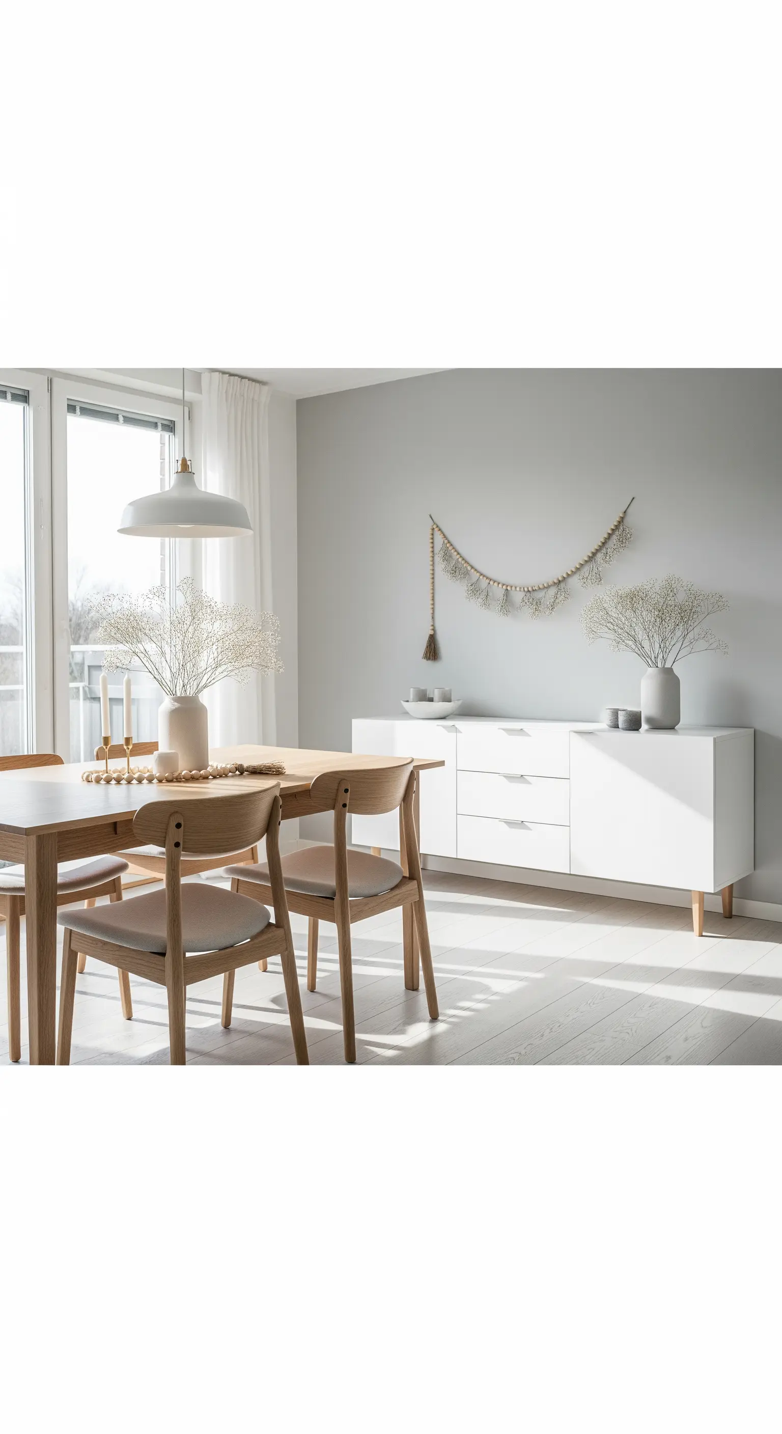 Sideboard mit minimalistischer Holzperlen-Girlande und Schleierkraut in Vasen