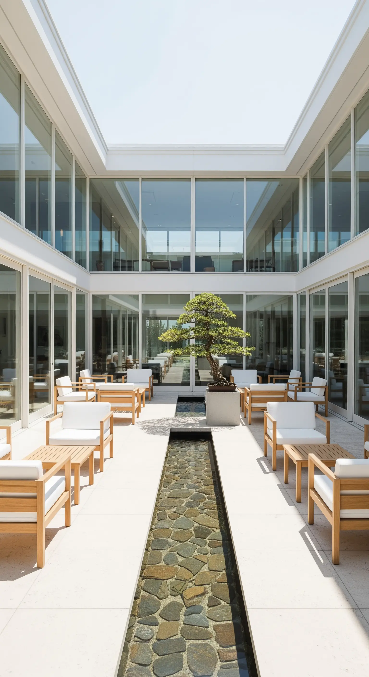 Innenhof, Bonsai, Wasserrinne, helle Holzmöbel, Glasarchitektur