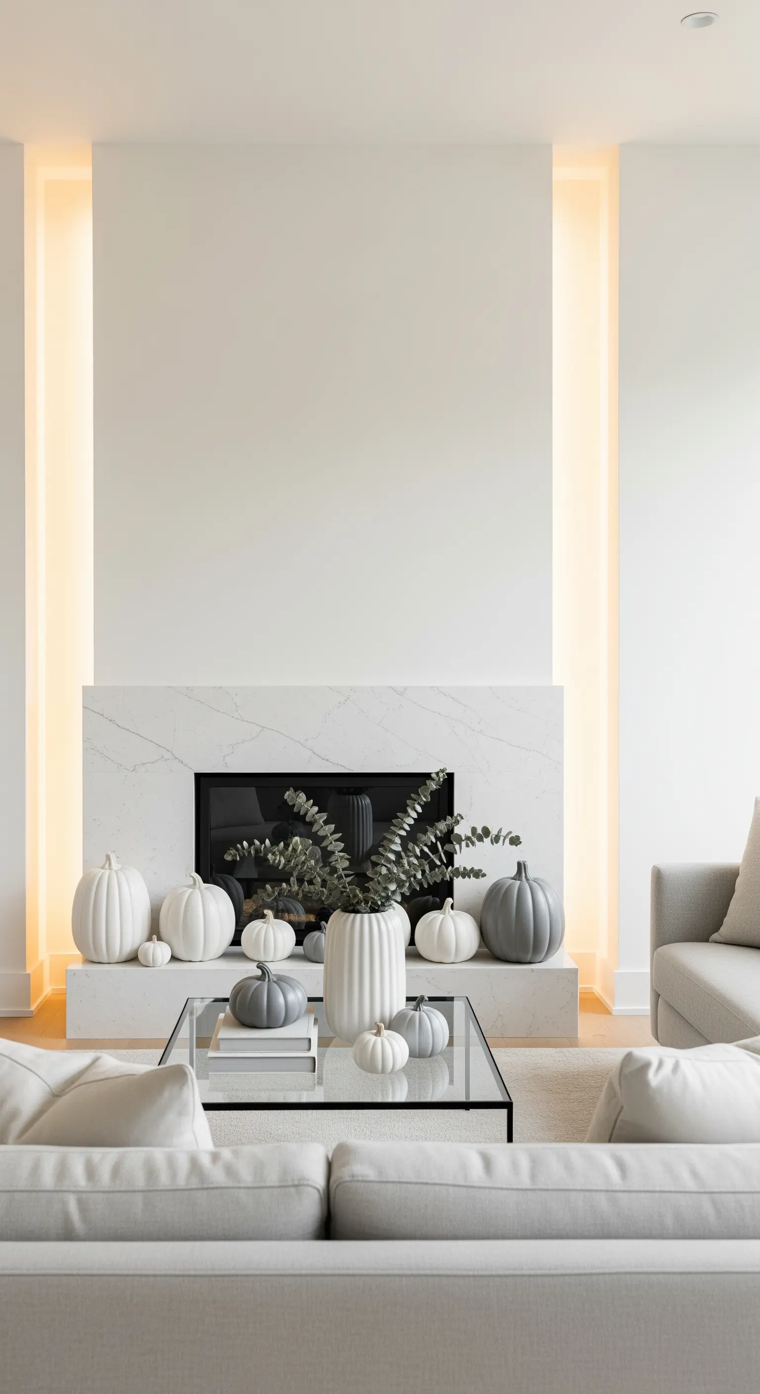 Kaminumrandung mit weißen und grauen Kürbissen und Eukalyptus