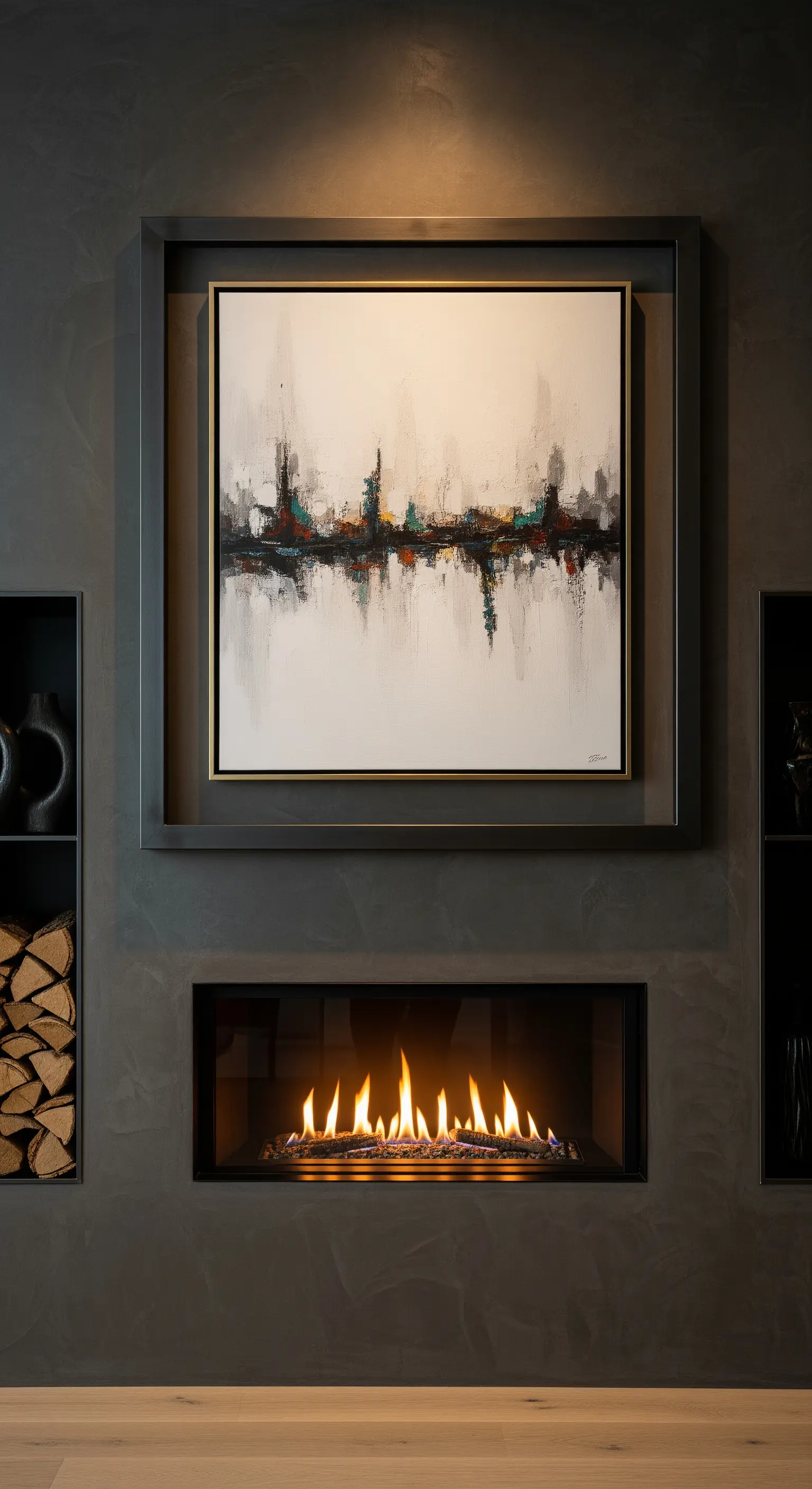 Moderne Kaminwand mit abstraktem Kunstwerk und integriertem Gaskamin