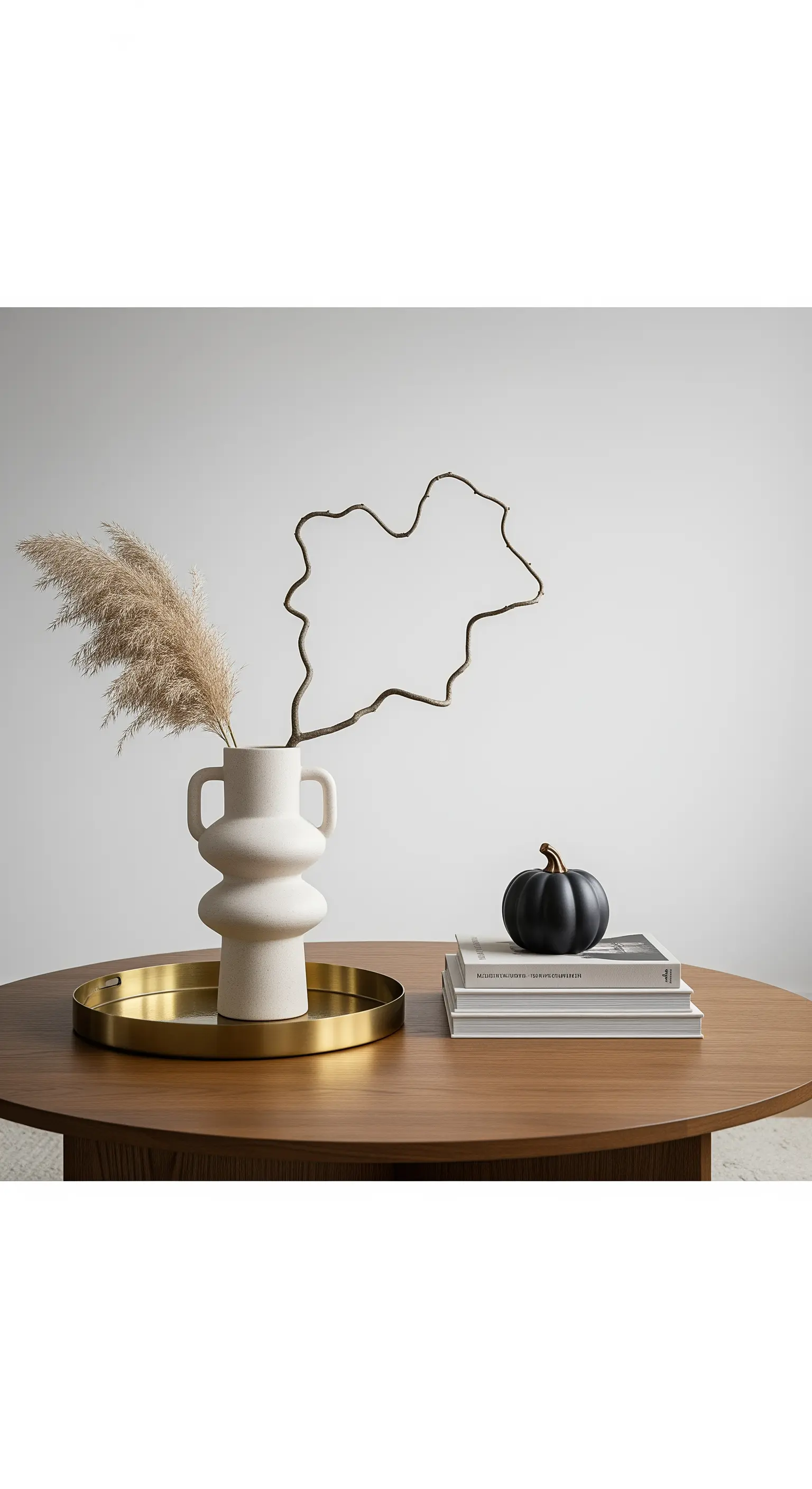 Minimalistische Deko mit weißer Vase, schwarzem Kürbis und goldenem Tablett.