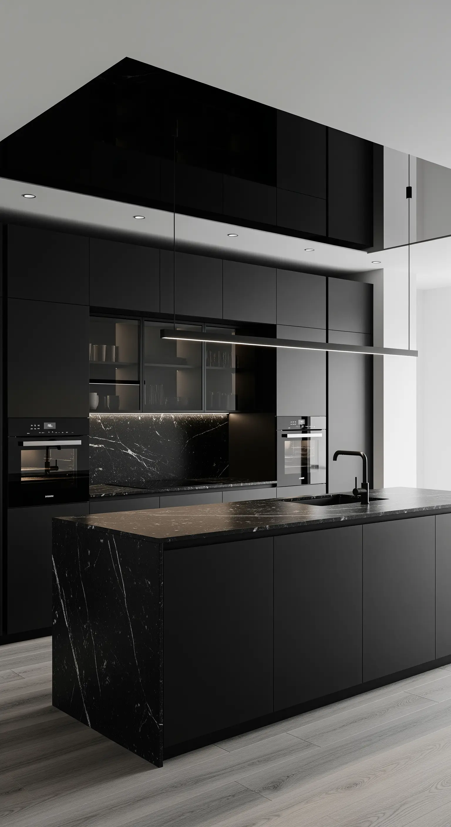 Moderne schwarze Küche mit Marmorinsel und integrierter Beleuchtung