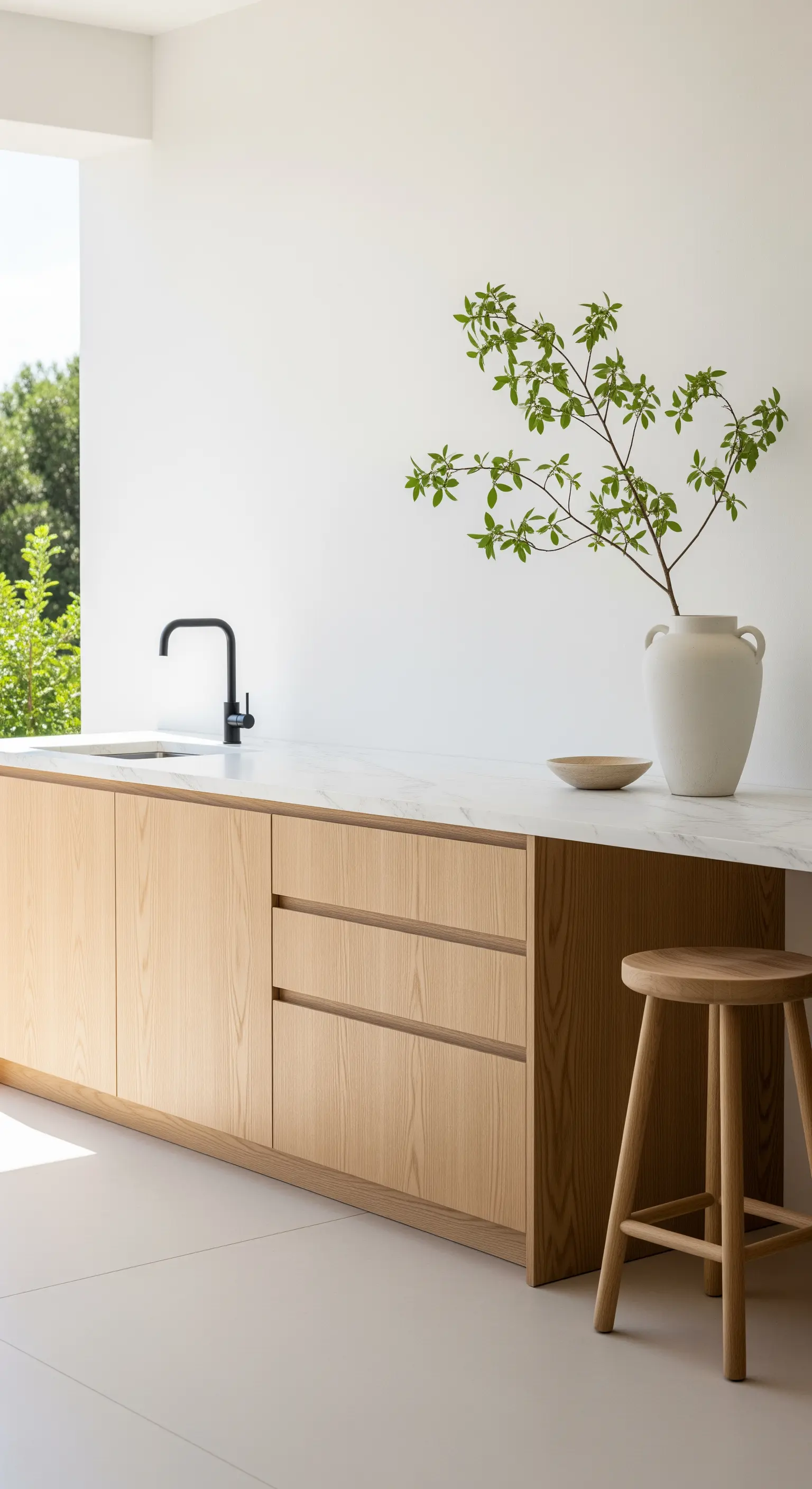 Minimalistische Japandi-Küche mit Holzinsel, grünem Zweig und Hocker.