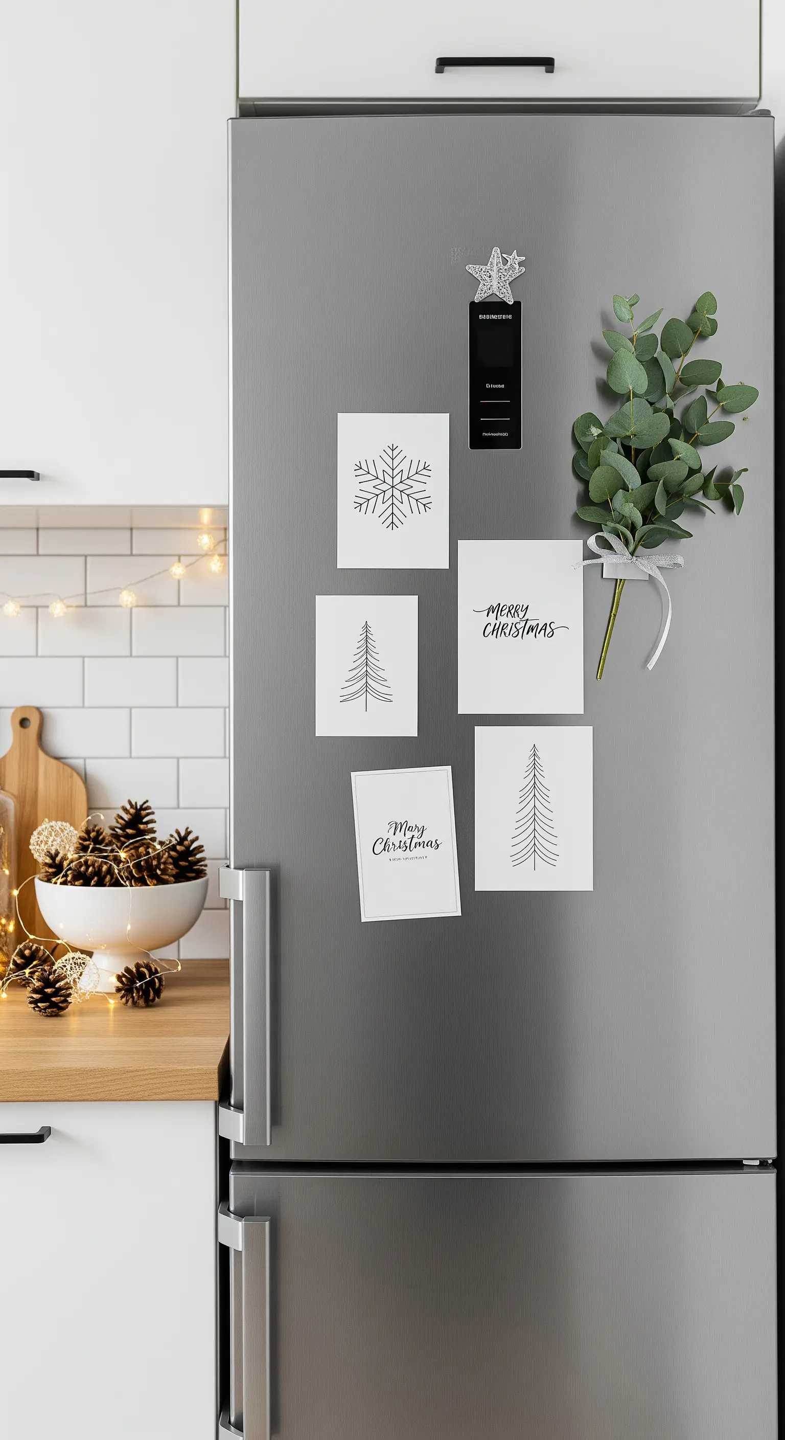 Kühlschrank mit minimalistischen Weihnachtskarten und Eukalyptus-Bündel.