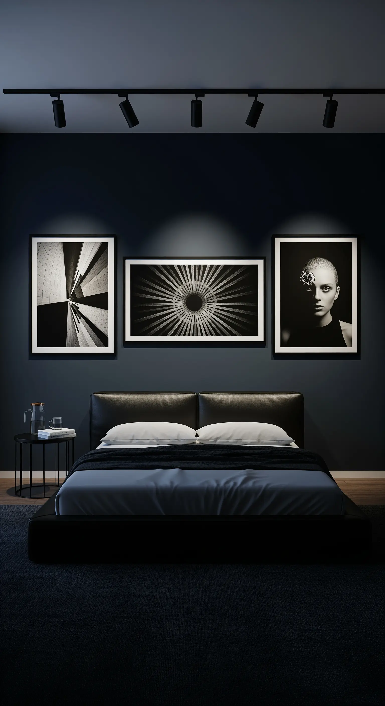 Schwarzes Schlafzimmer mit drei gerahmten Schwarz-Weiß-Kunstwerken über dem Bett
