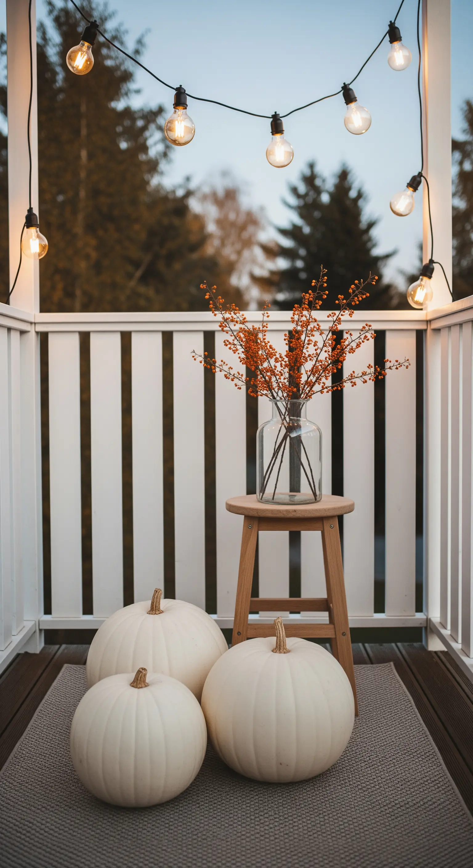 Weiße Kürbisse auf Teppich, Beeren in Vase, Lichterkette auf hellem Balkon