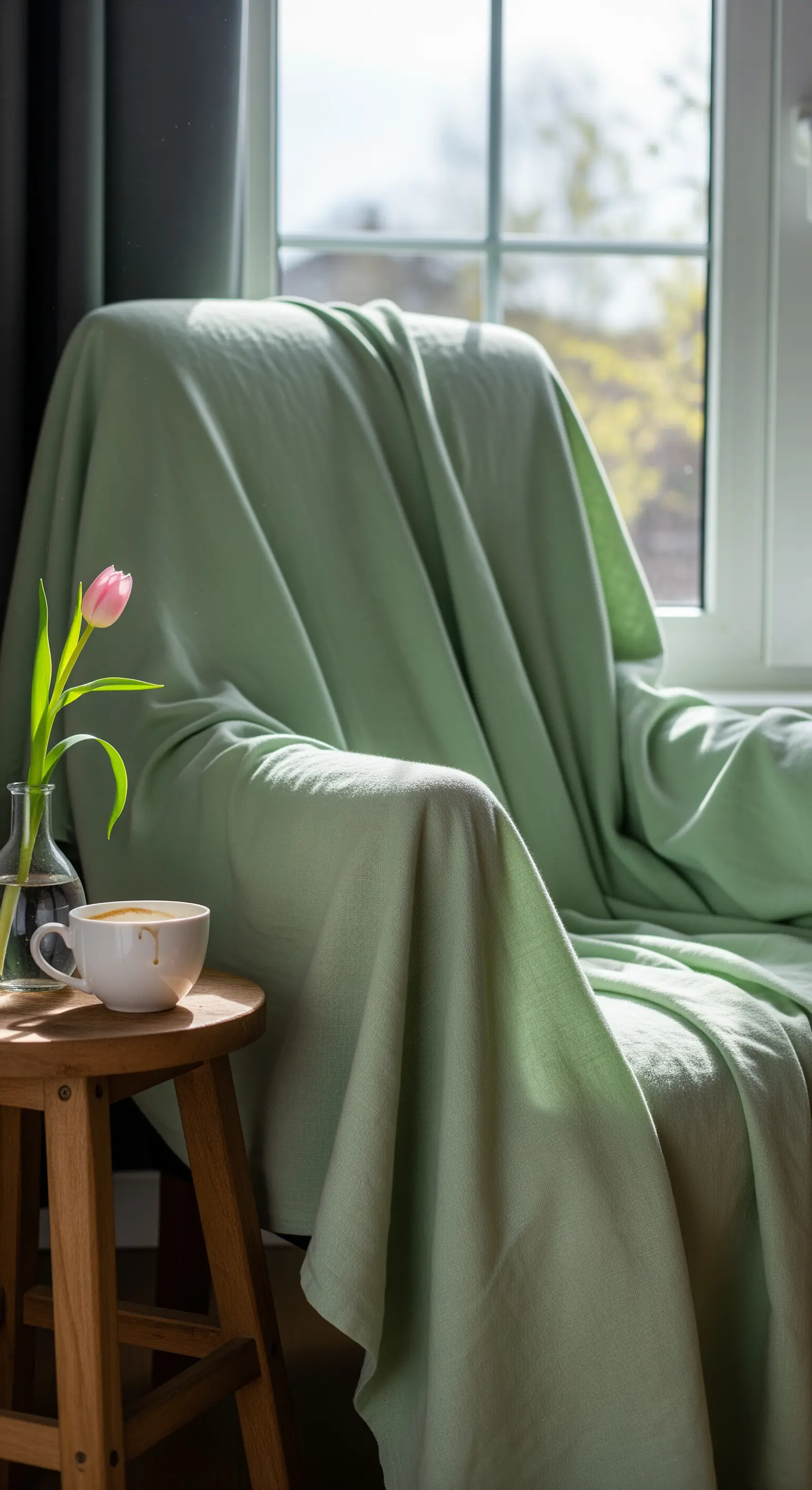 Sessel mit mintgrünem Überwurf, Holzhocker, Kaffeetasse, einzelne pinke Tulpe