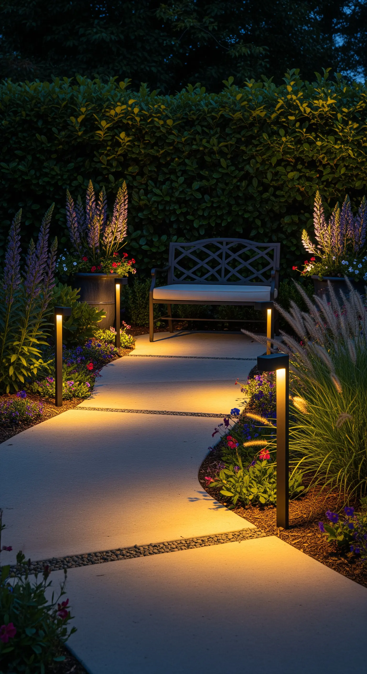 Schlanke, moderne Pollerleuchten entlang eines Betonwegs zu einer Gartenbank.