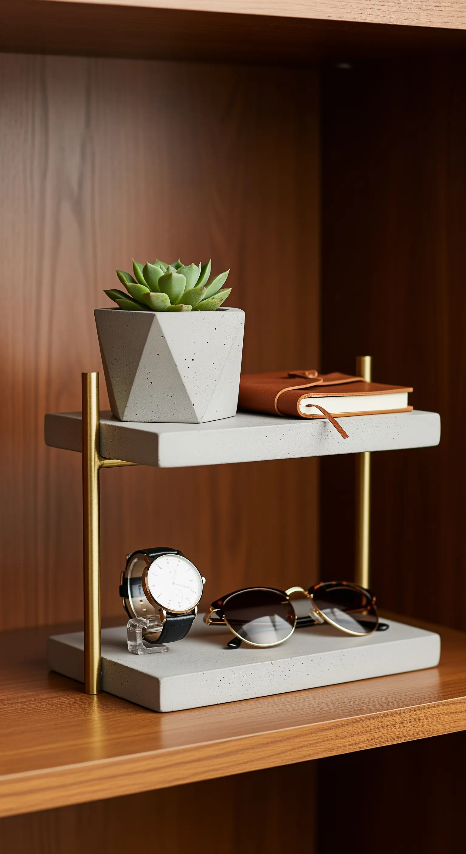 Moderne Etagere aus Beton und Messing zur Aufbewahrung von Uhr und Sonnenbrille.