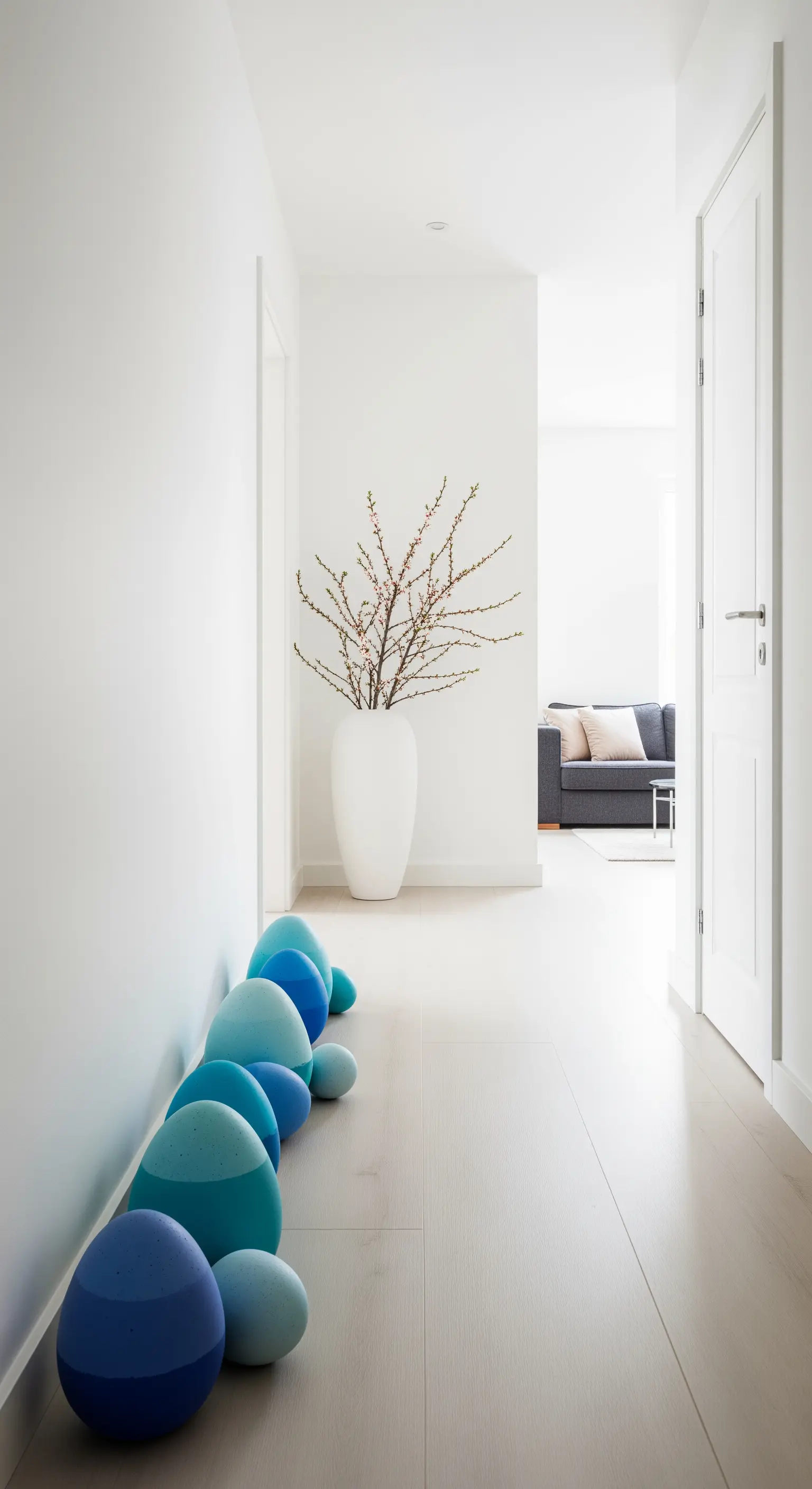 Reihe großer blauer Ostereier entlang des Flurs mit blühenden Zweigen