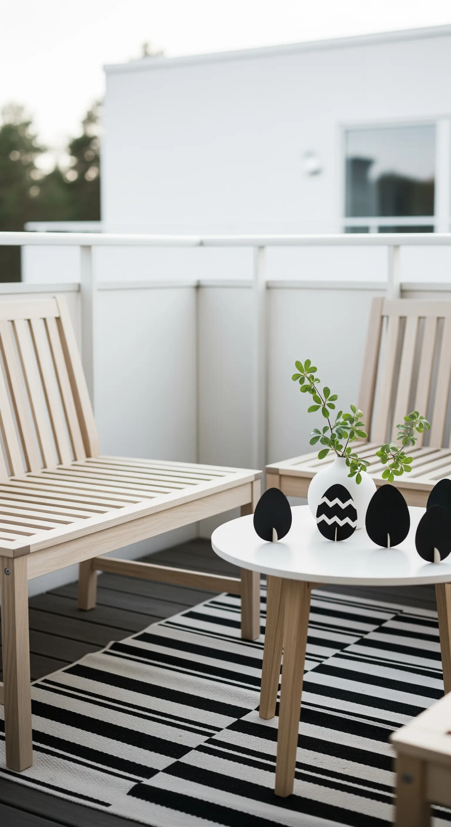 Minimalistischer Balkon mit schwarz-weiß gestreiftem Teppich und Osterdeko