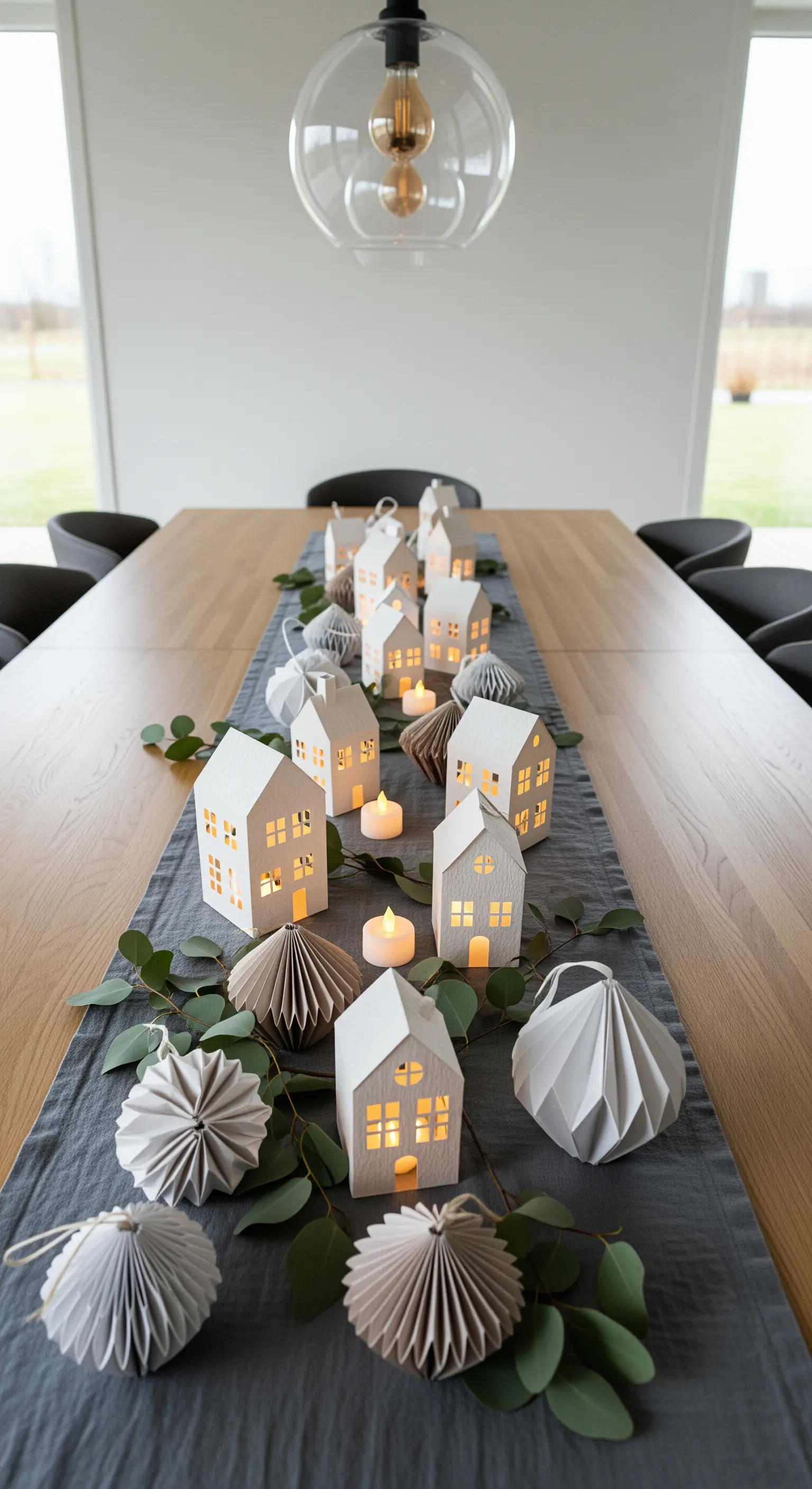 Papiervillchen, Faltsterne und Eukalyptus auf dem Esstisch für Winterdeko