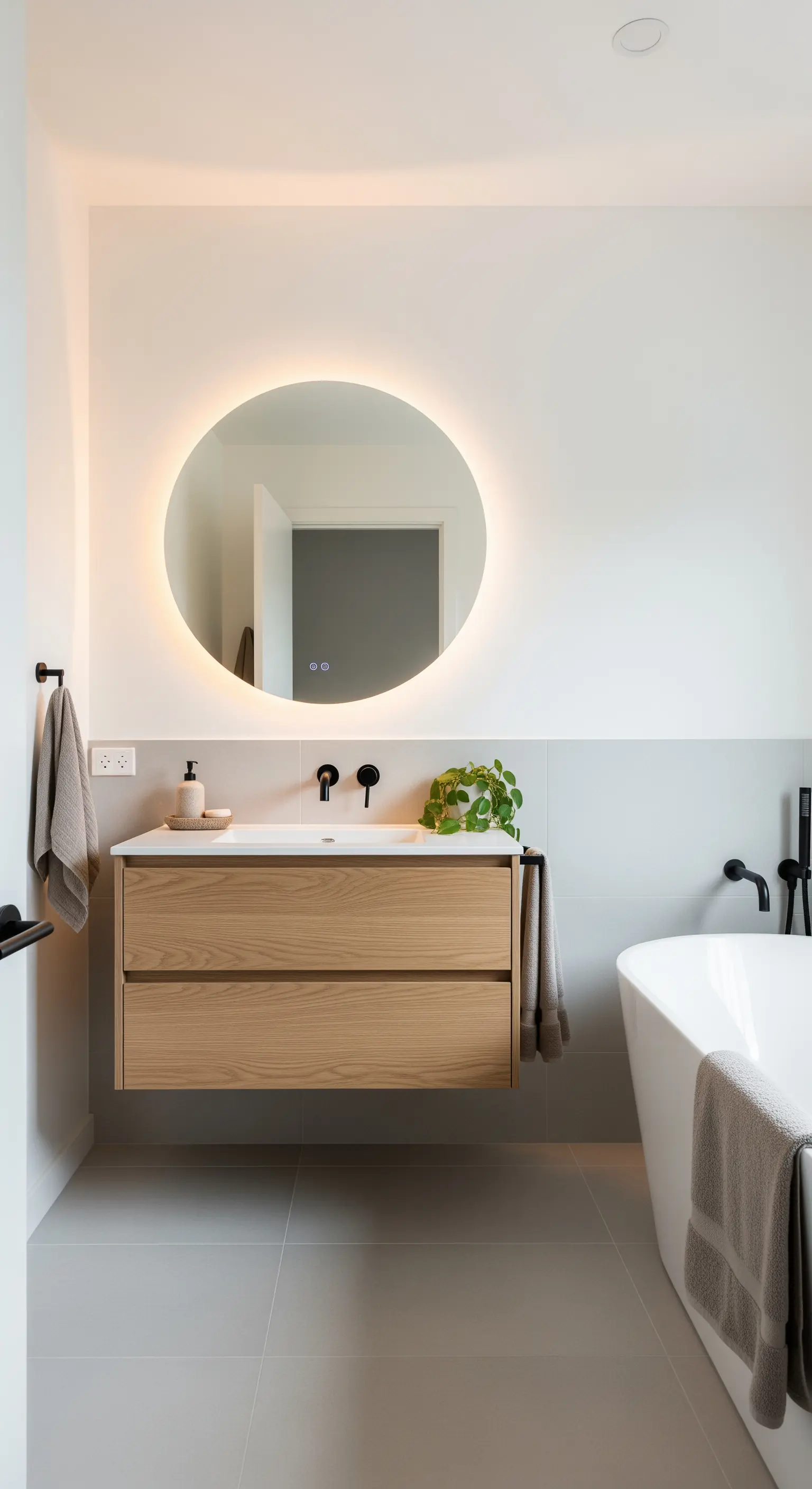 Runder, hinterleuchteter LED-Spiegel über einem schwebenden Waschtisch aus hellem Holz.