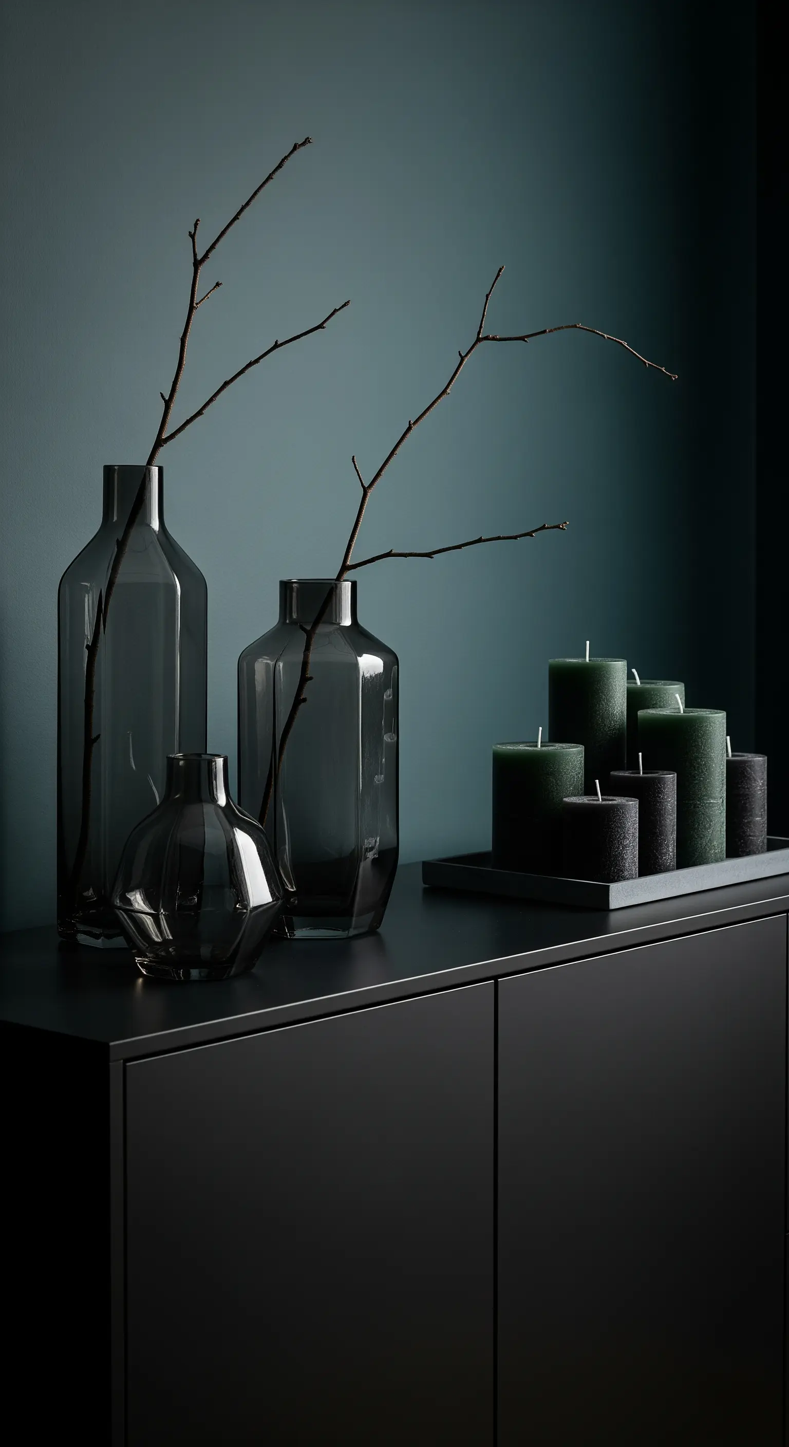 Dunkle, minimalistische Weihnachtsdeko mit Rauchglasvasen und schwarzen Kerzen.