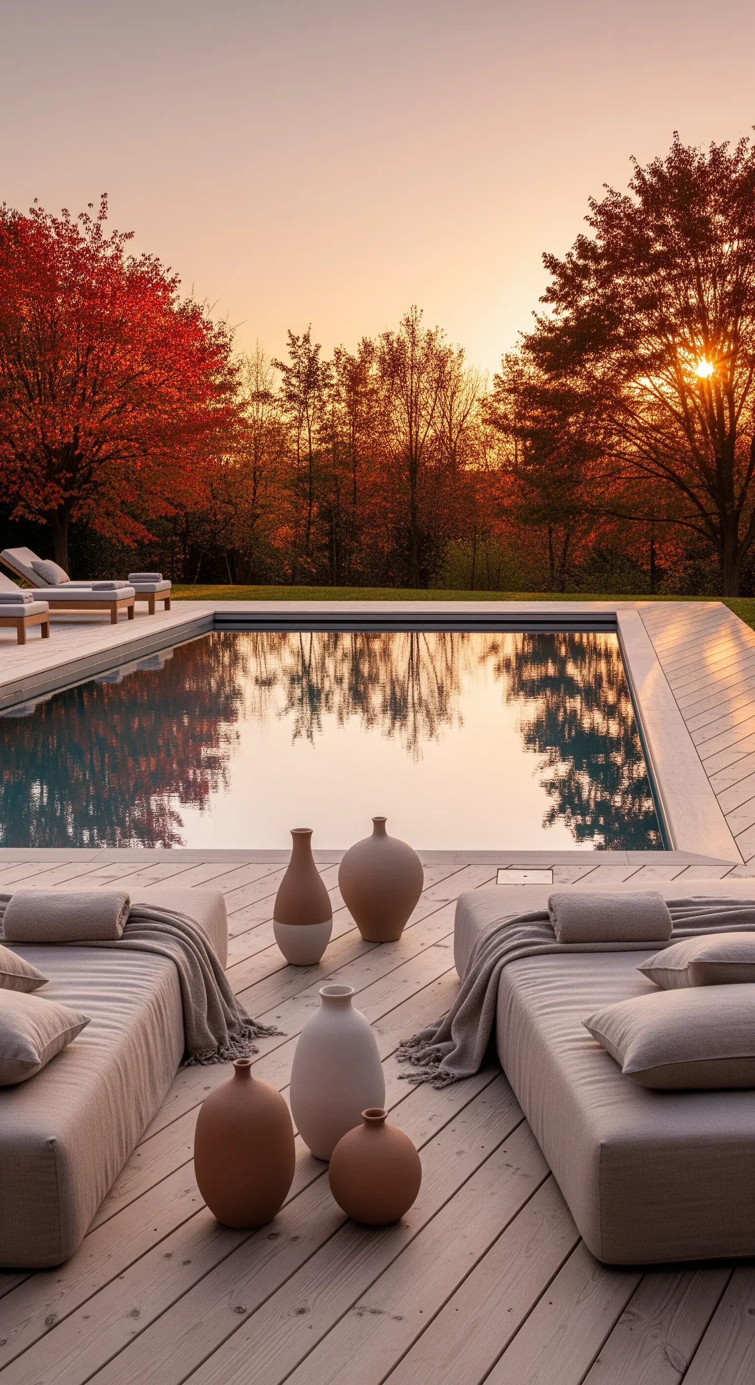 Poolbereich mit Holzdeck, Japandi-Liegen und Keramikvasen bei Sonnenuntergang