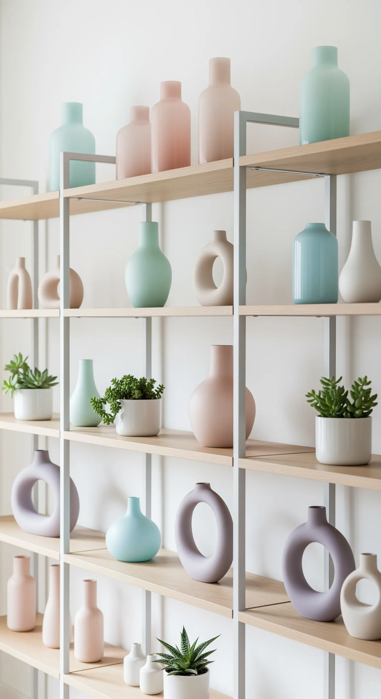 Regal mit minimalistischen Pastellvasen und kleinen Sukkulenten