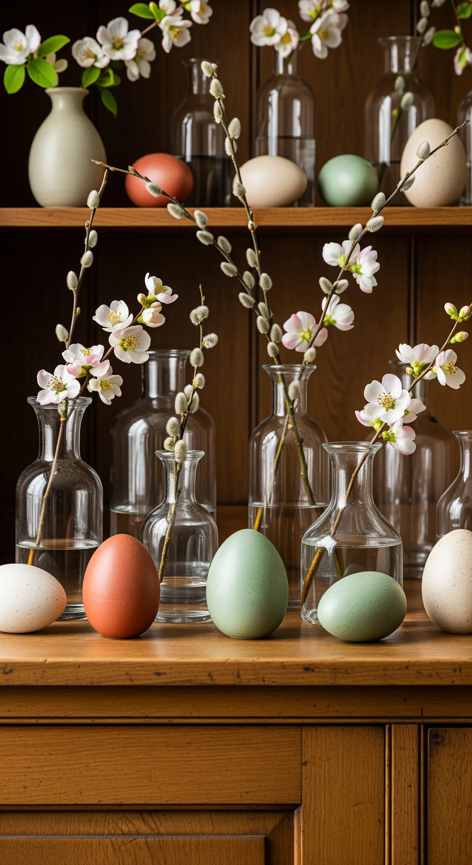 Regal mit Glasvasen, Weidenkätzchen, Kirschblüten und natürlichen Eiern