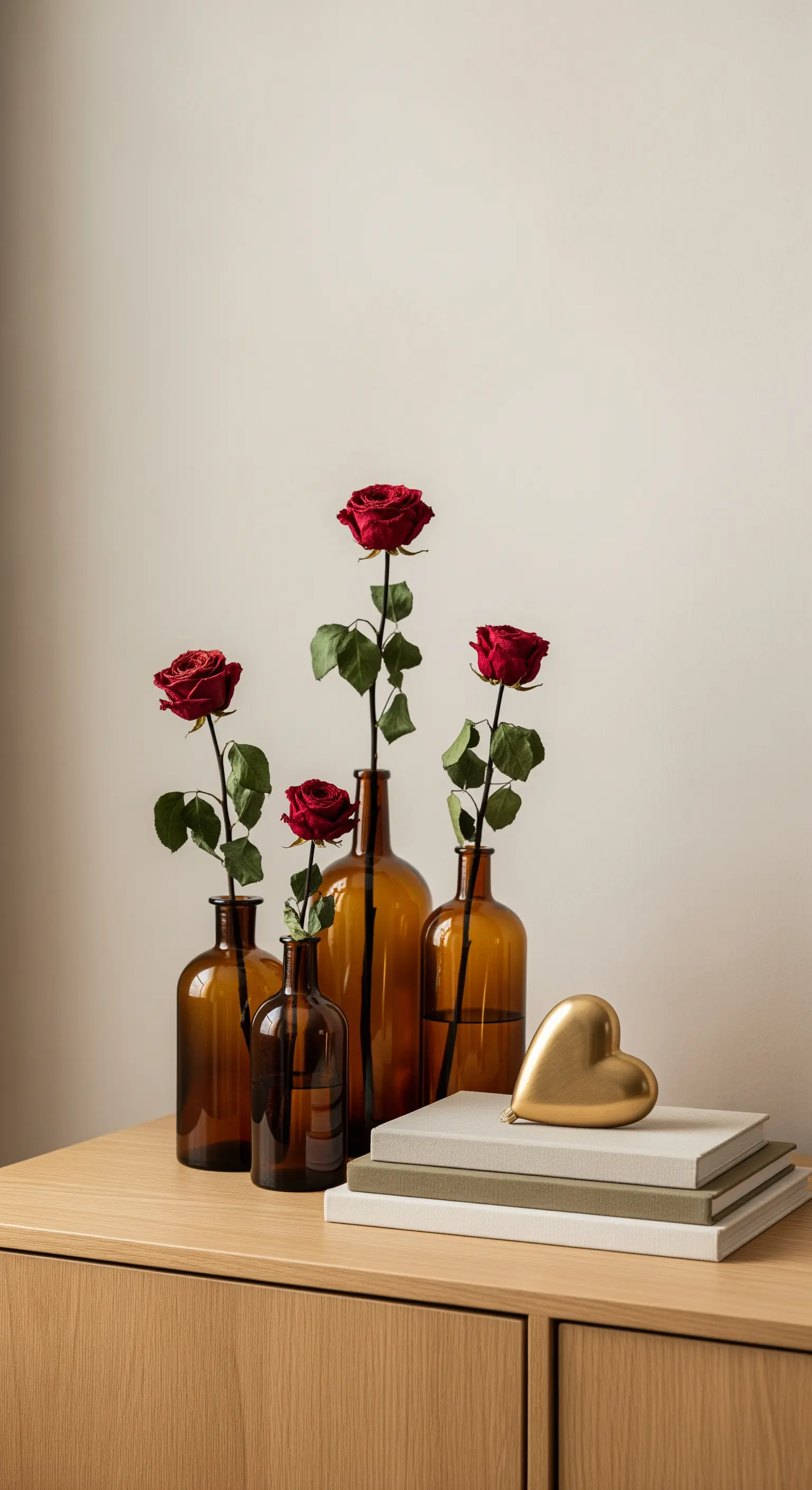 Minimalistische Deko mit roten Rosen in Glasflaschen, Büchern und goldenem Herz