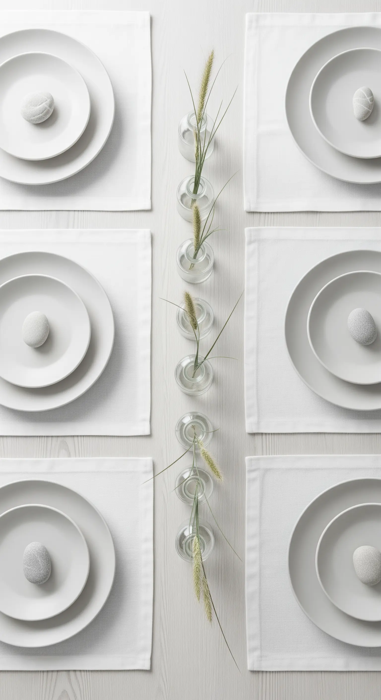 Minimalistische Tischdeko in Weiß mit Kieselsteinen und einzelnen Gräsern in Glasvasen.