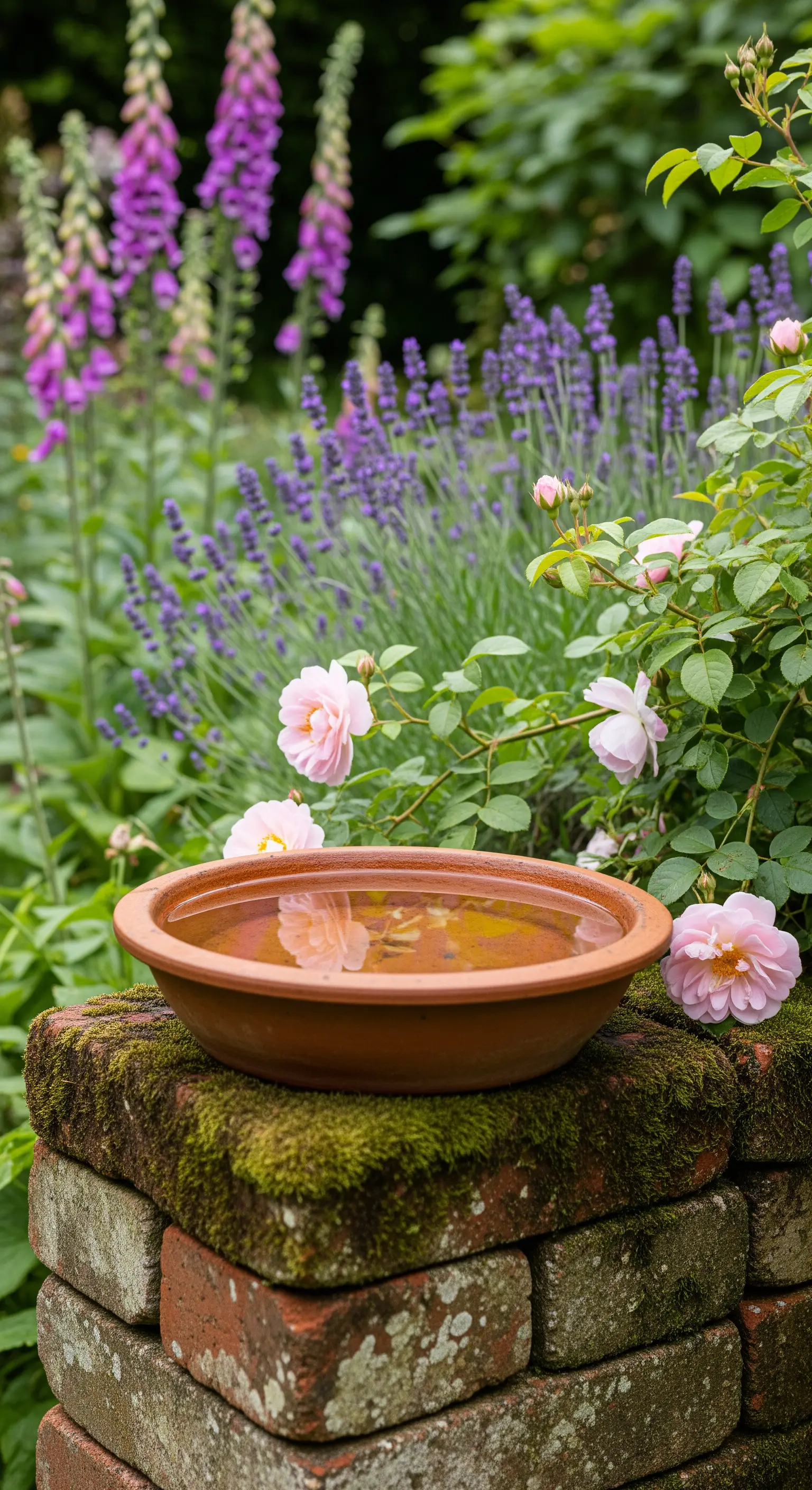 Terrakotta-Vogeltränke auf moosbewachsenem Ziegelsteinsockel im naturnahen Garten