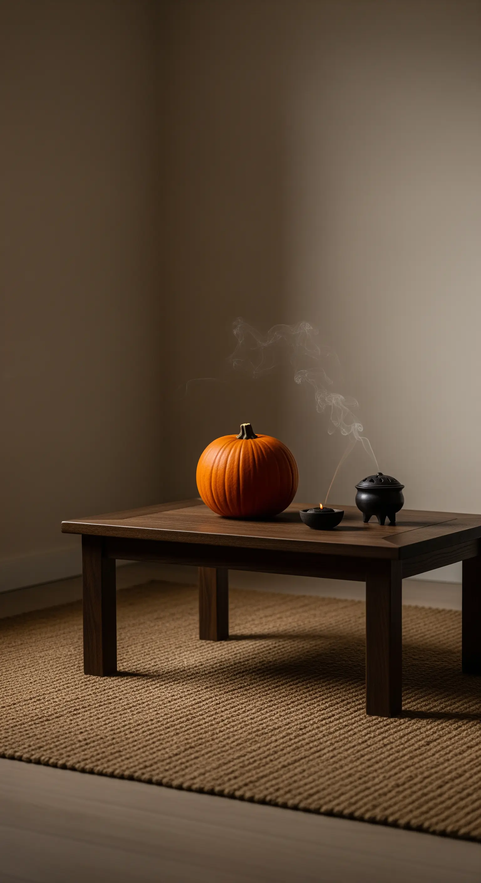 Minimalistischer Holztisch mit Kürbis, Kerze und Räucherwerk.