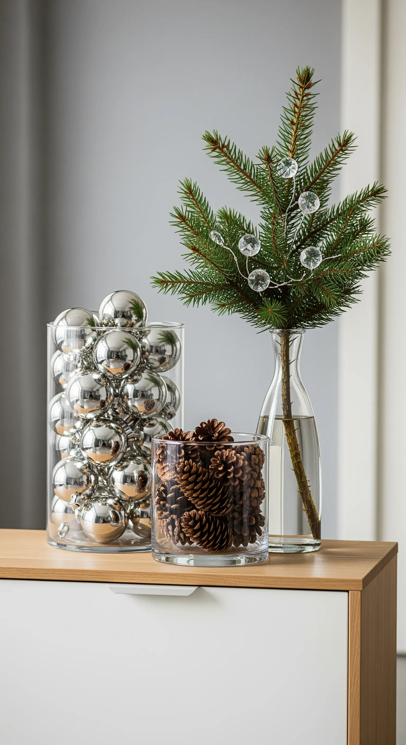 Glasgefäße mit silbernen Kugeln und Tannenzapfen, Tannenzweig in Vase auf Kommode.