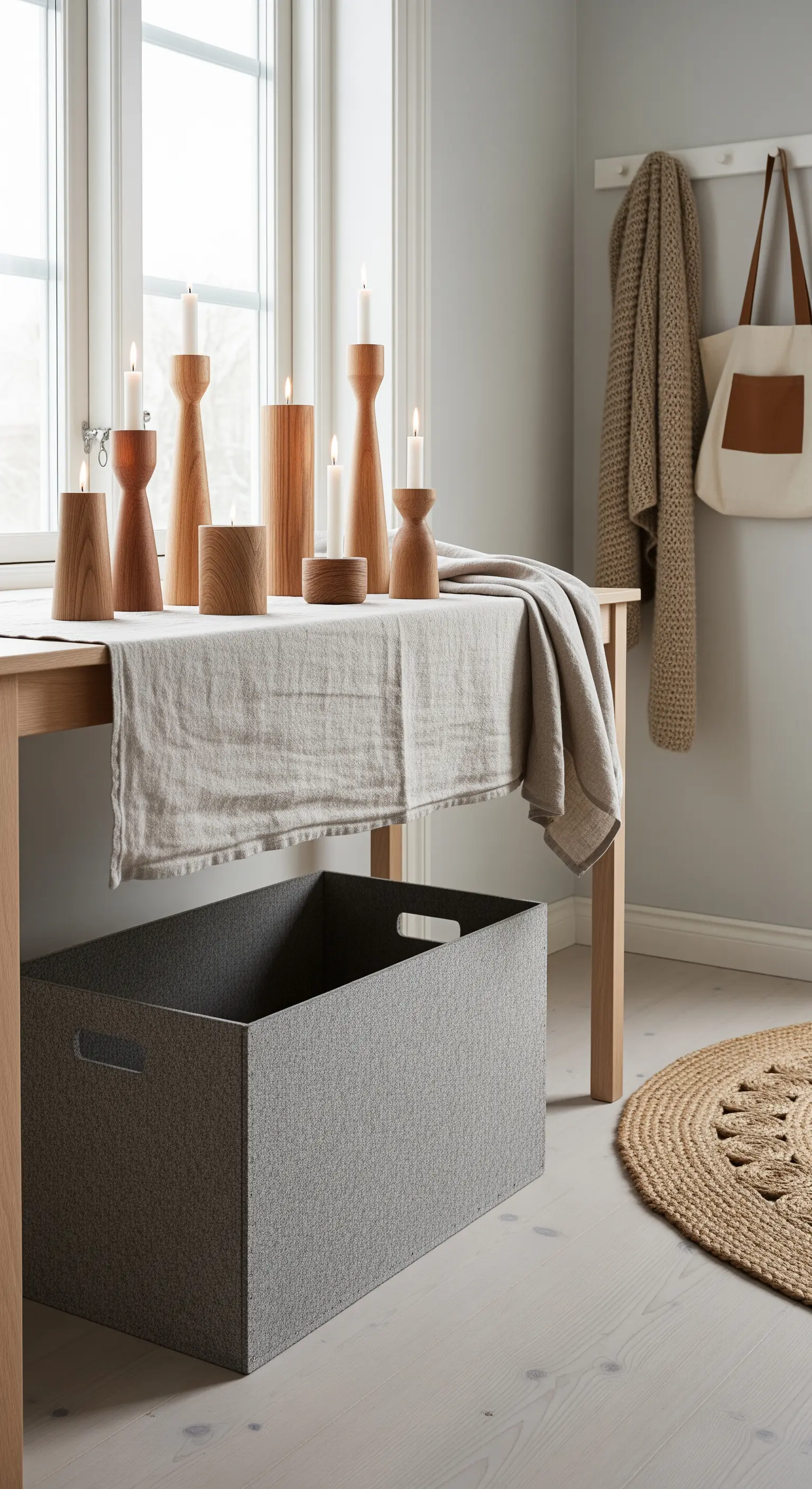 Holztisch mit Leinenläufer, Holzkernleuchtern, Stauraumkorb und Jute-Teppich