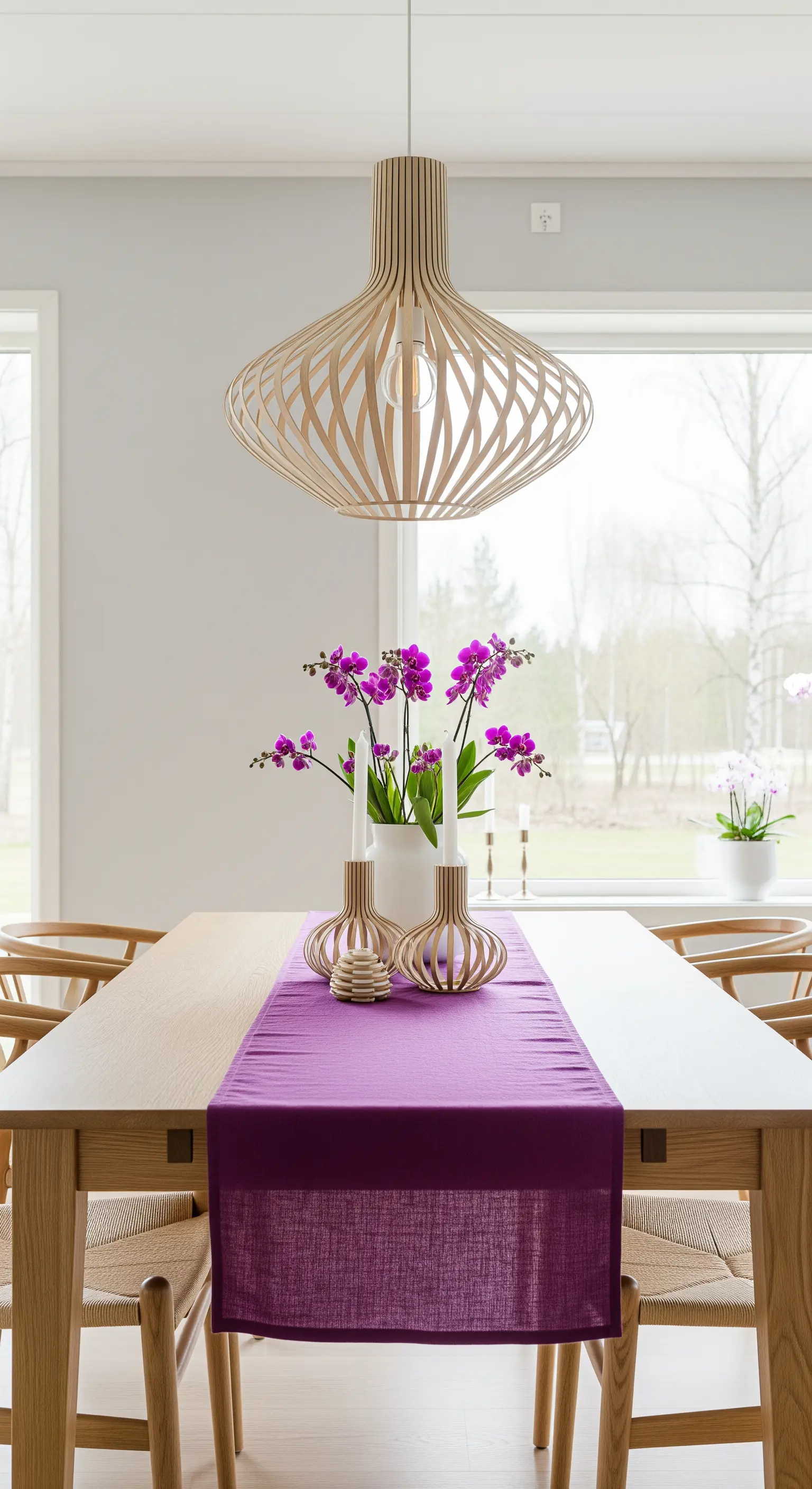 Esstisch mit lilafarbenem Läufer, Orchideen und minimalistischer Holzkunst.