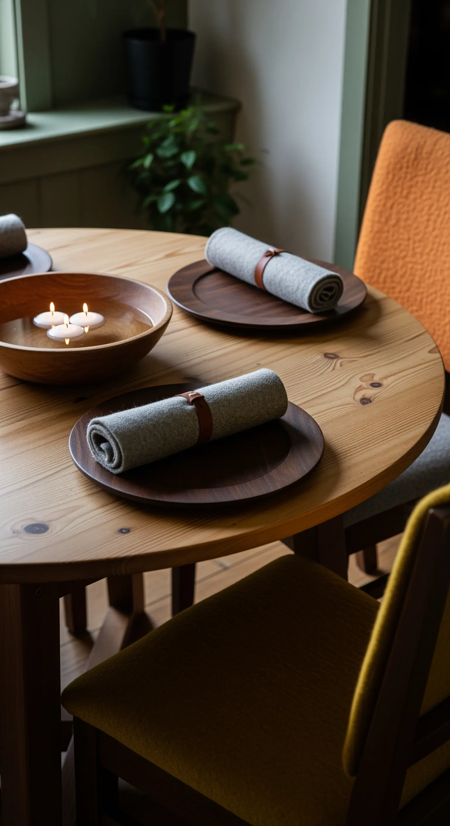 Esstisch, Holzplatten, Filzservietten, Schale mit Schwimmkerzen
