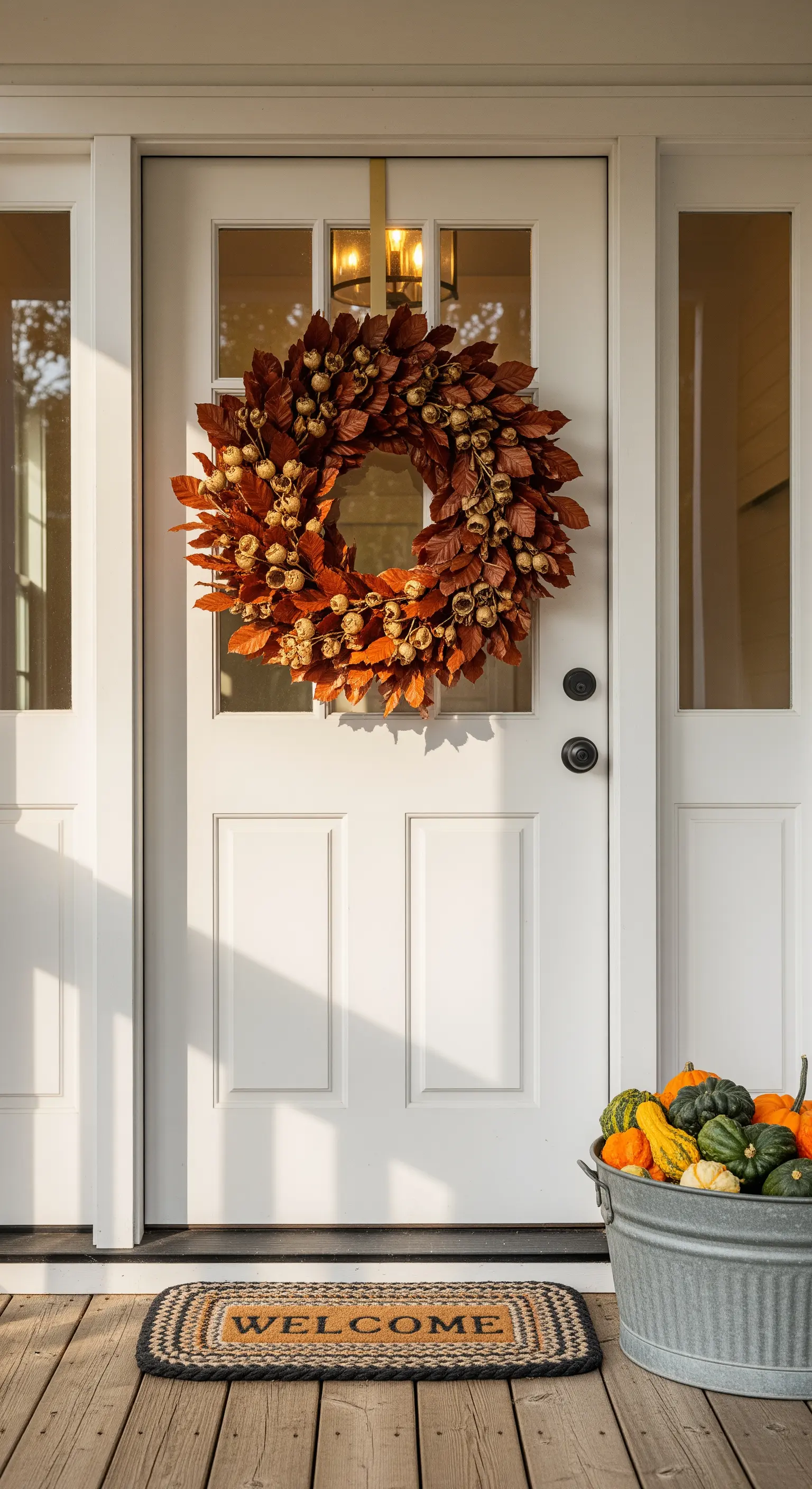 Trockenlaubkranz an weißer Tür, verzinkter Bottich mit Zierkürbissen
