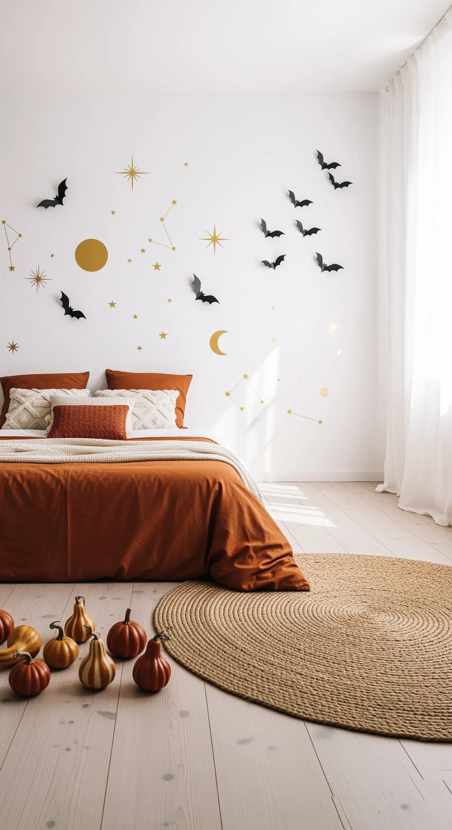 Weiße Wand mit goldenen Himmelskörpern, schwarzen Fledermäusen und terrakottafarbener Bettwäsche