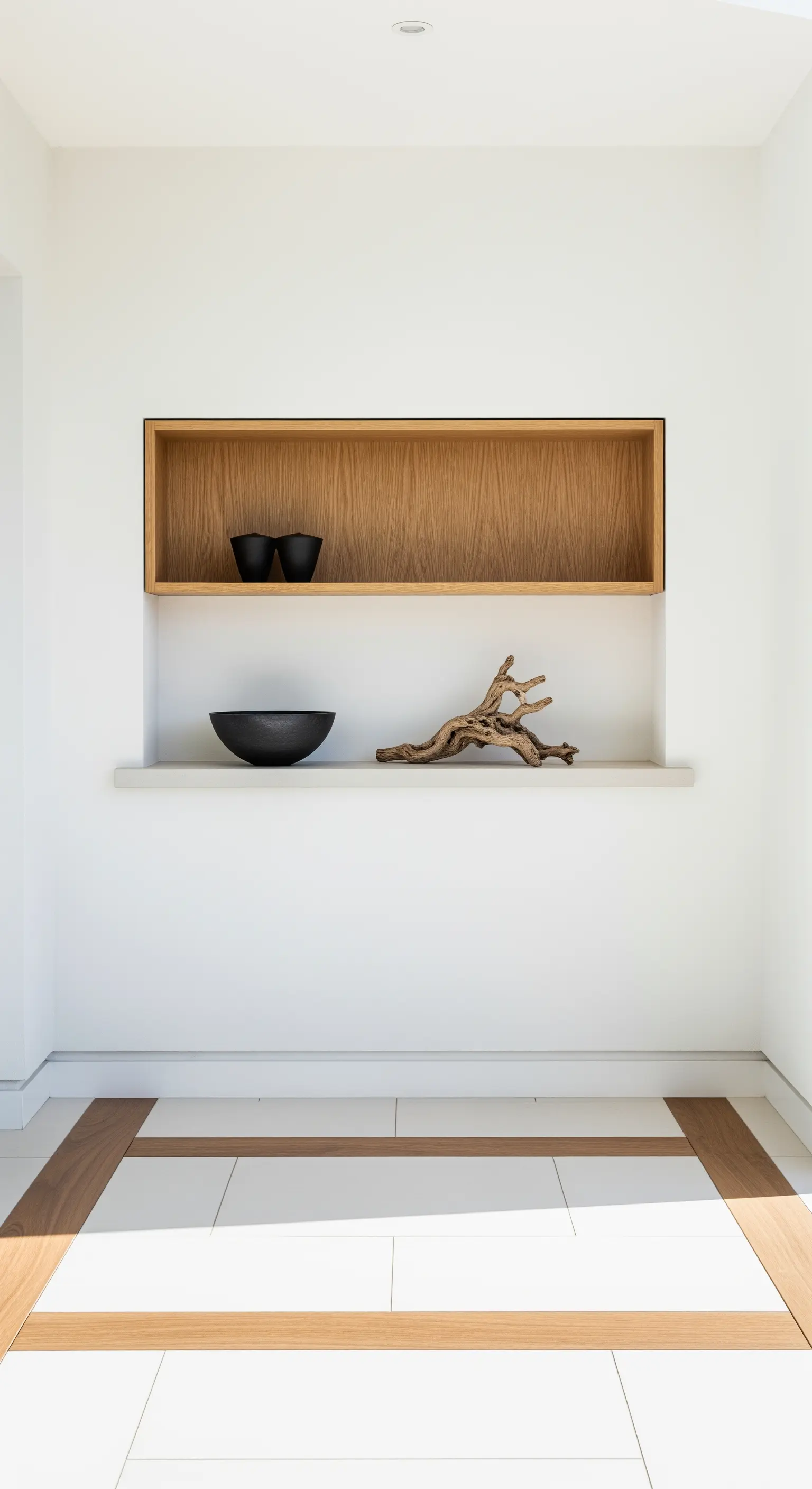 Wandnische mit Naturholz, schwarzen Keramikschalen und Treibholz.