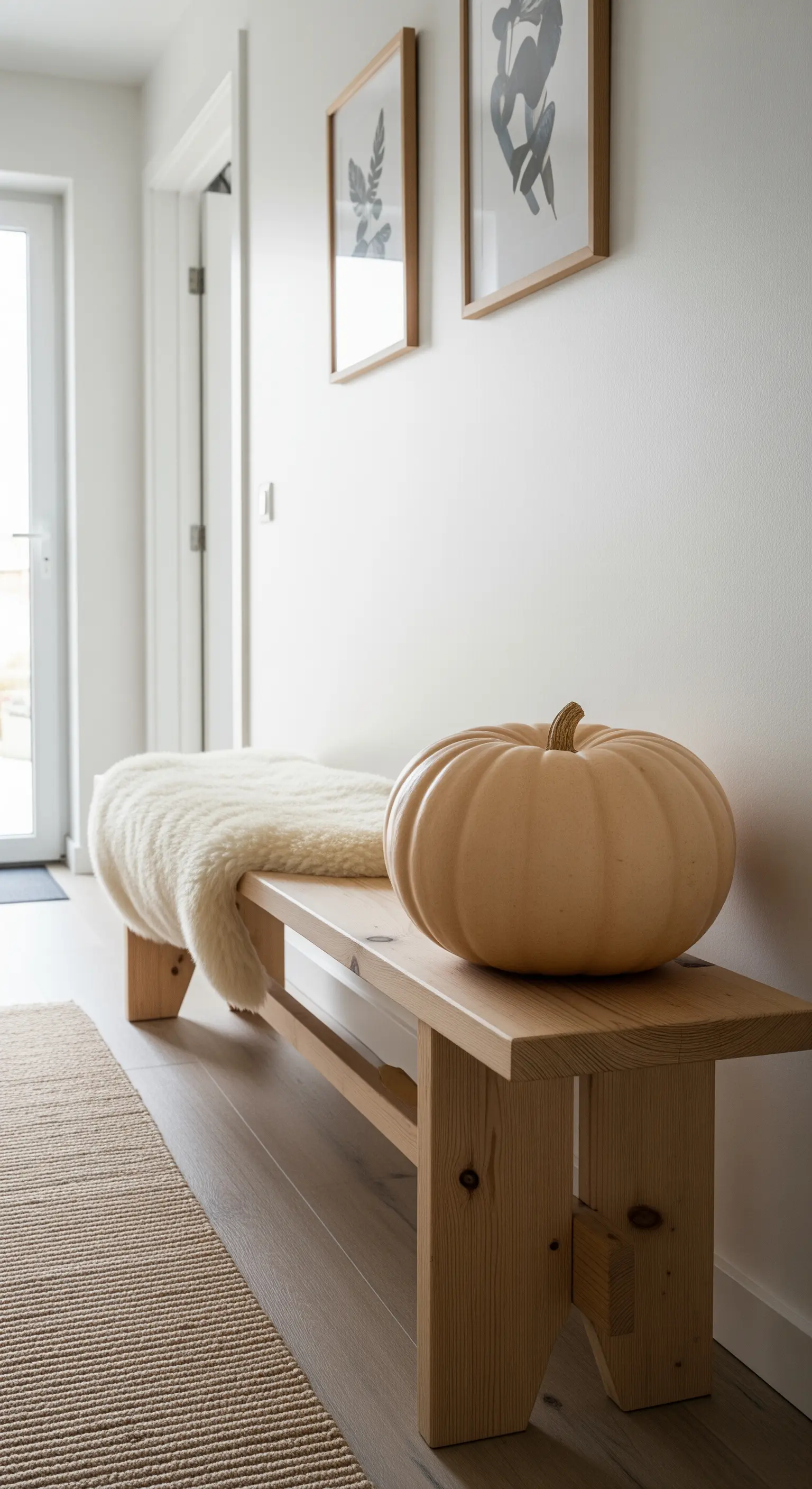 Einzelner großer beiger Kürbis auf einer Holzbank neben einem Lammfell.