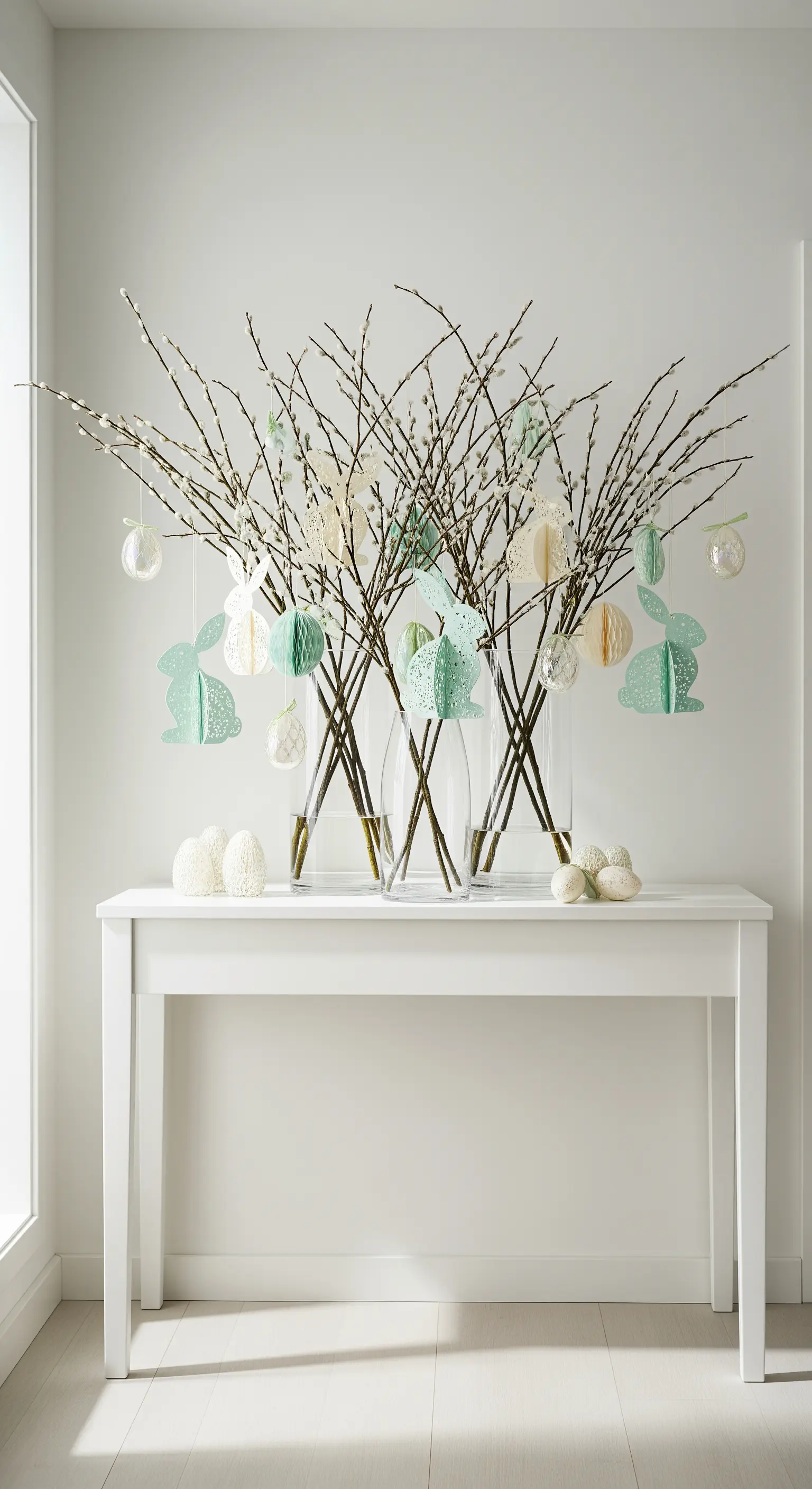 Weidenkätzchen mit Papier-Osterhasen und minimalistische Deko auf Konsole