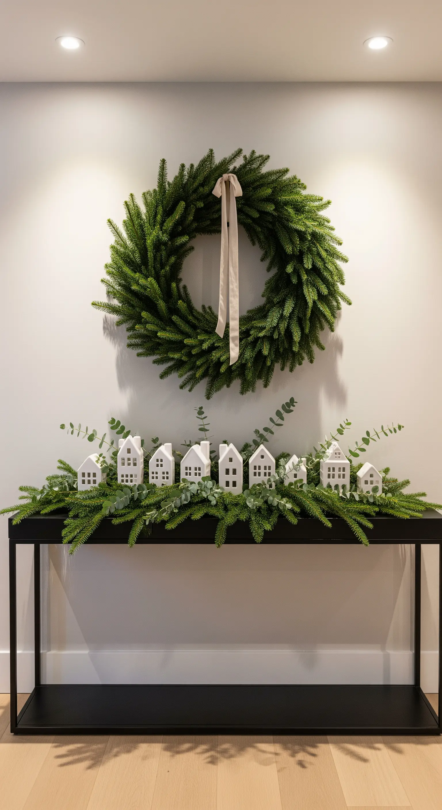 Moderner Konsolentisch mit Tannengrün, weißen Miniaturhäusern und einem großen Kranz.