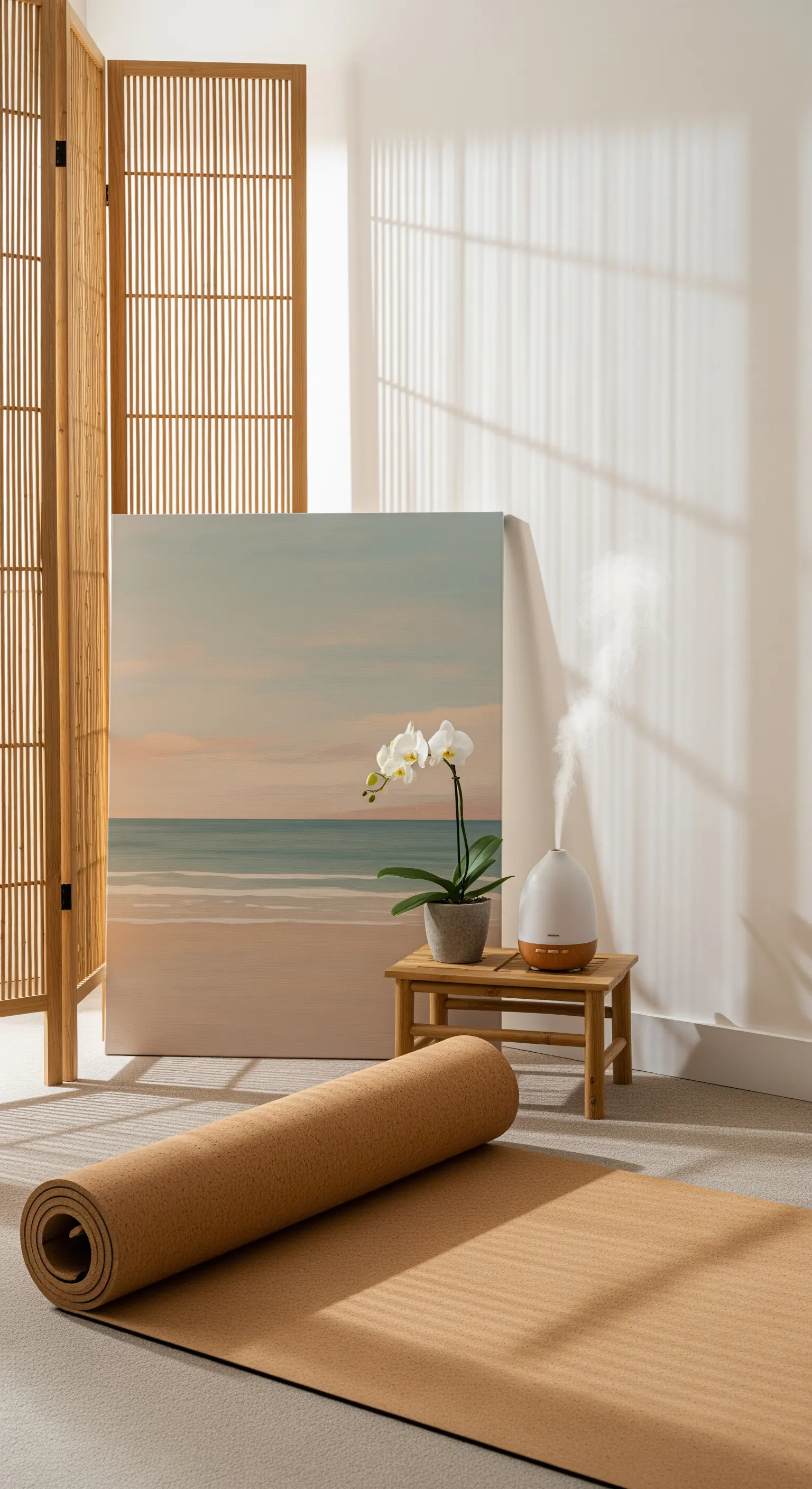 Ruhige Ecke mit Bambus-Paravent, Strandbild, Yogamatte und Aroma-Diffusor
