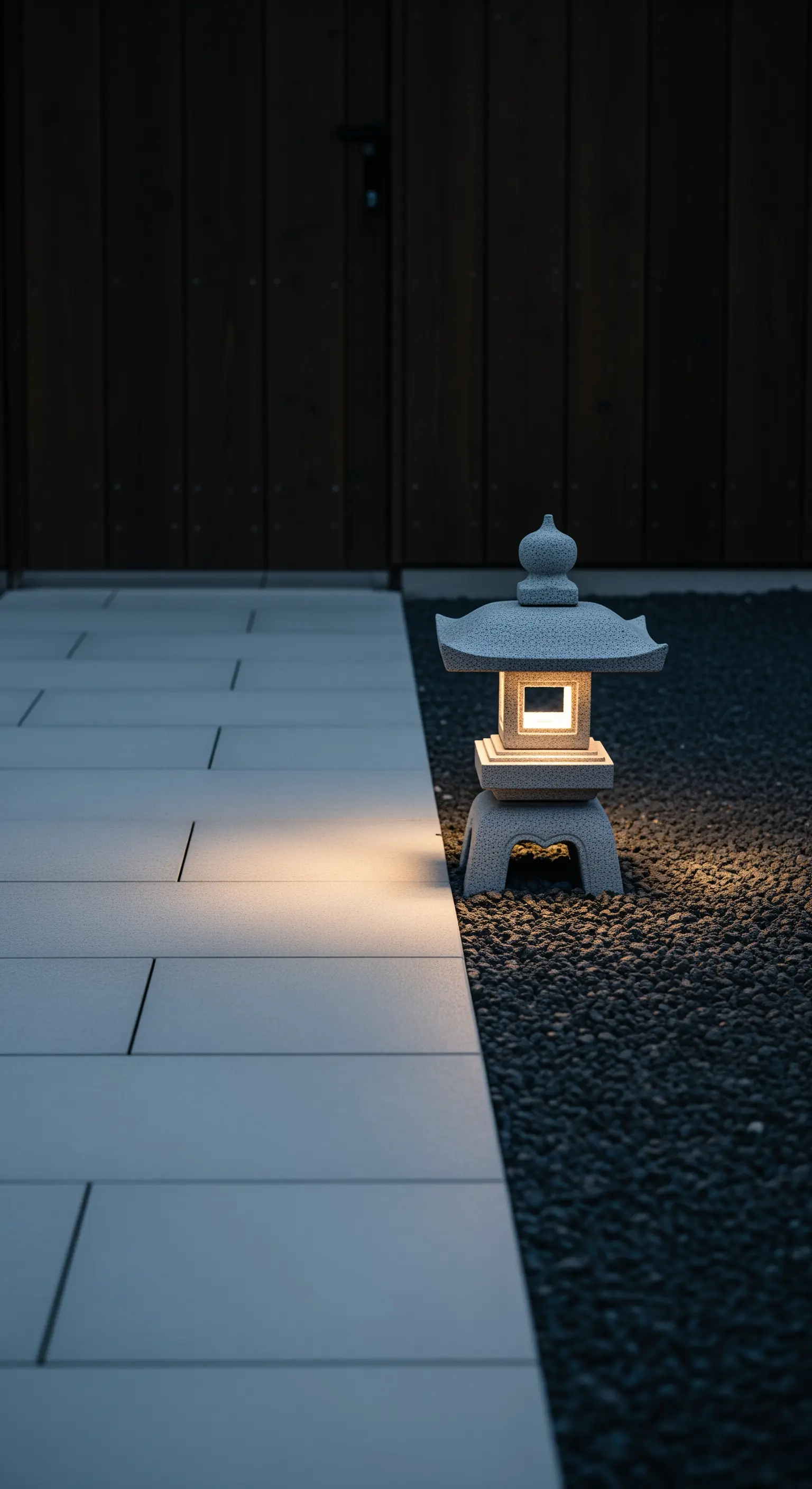 Eine einzelne, kleine Steinlaterne beleuchtet den Übergang von einem hellen Plattenweg zu dunklem Kies.