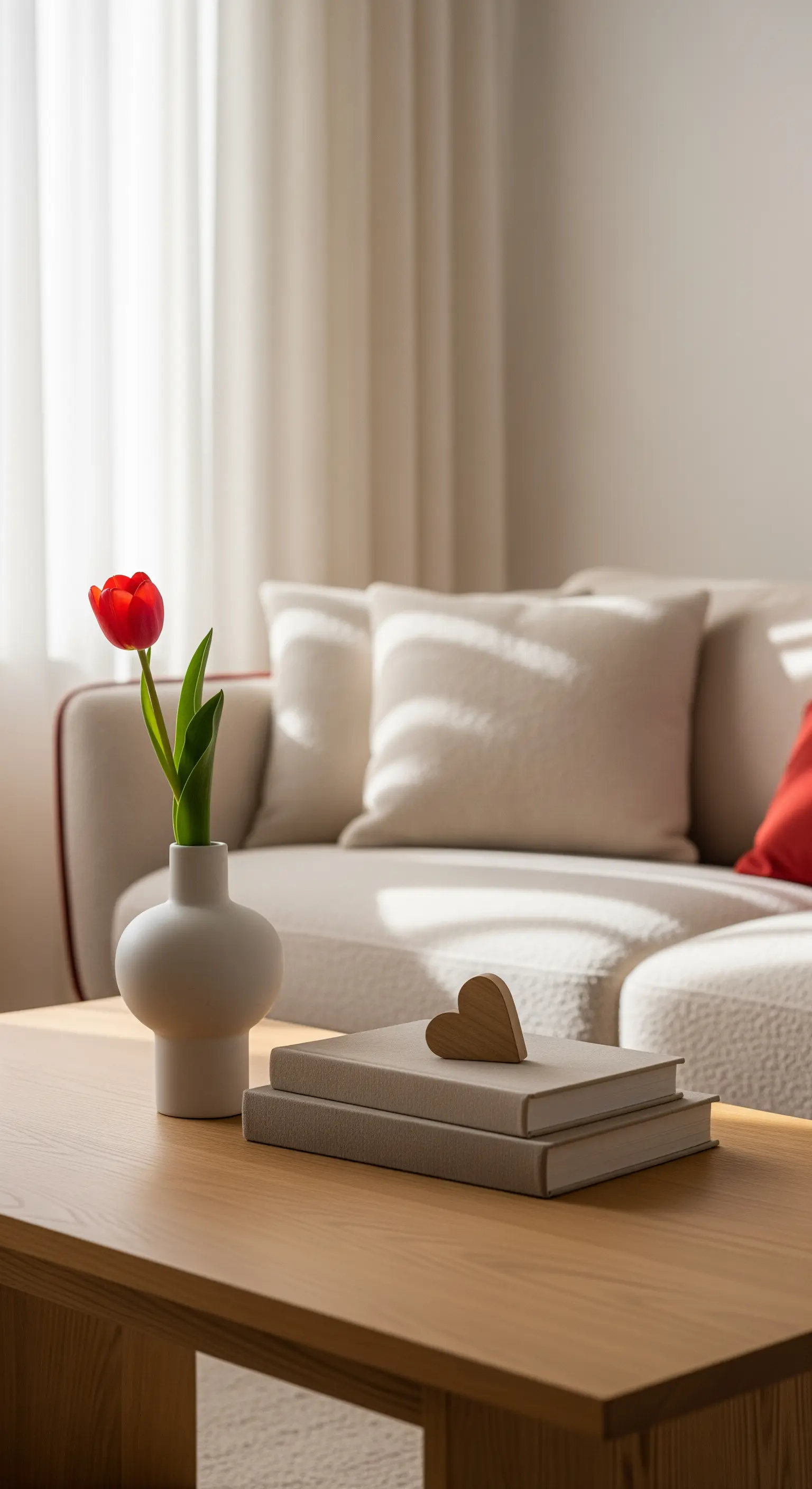 Rote Tulpe in schlichter Vase, Bücher mit Holzherz auf Couchtisch im Scandi-Wohnzimmer.